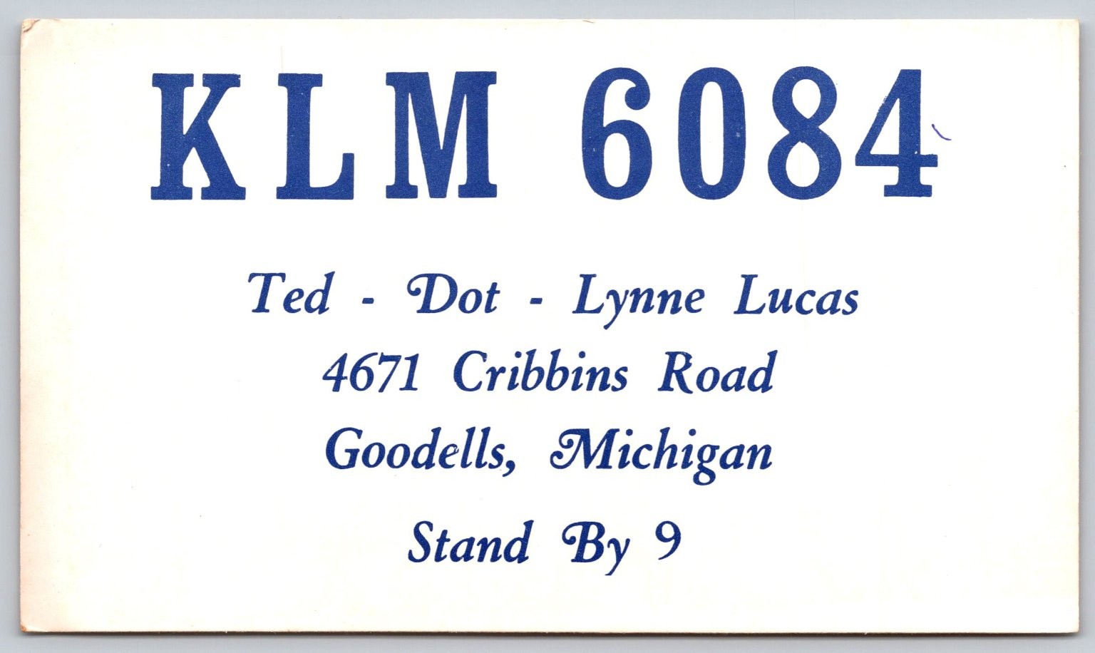 KLM 6084 Ted Dot Lynne Lucas Goodells Michigan Personal ID Card C63