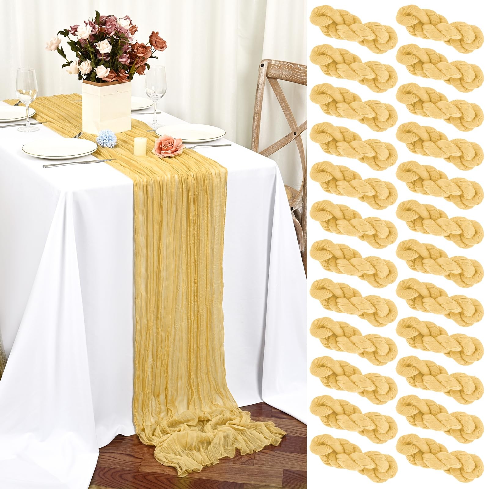 Lykoow 24 Packs Gold Table Runner 17 x 108 inch Cheesecloth for Wedding Party