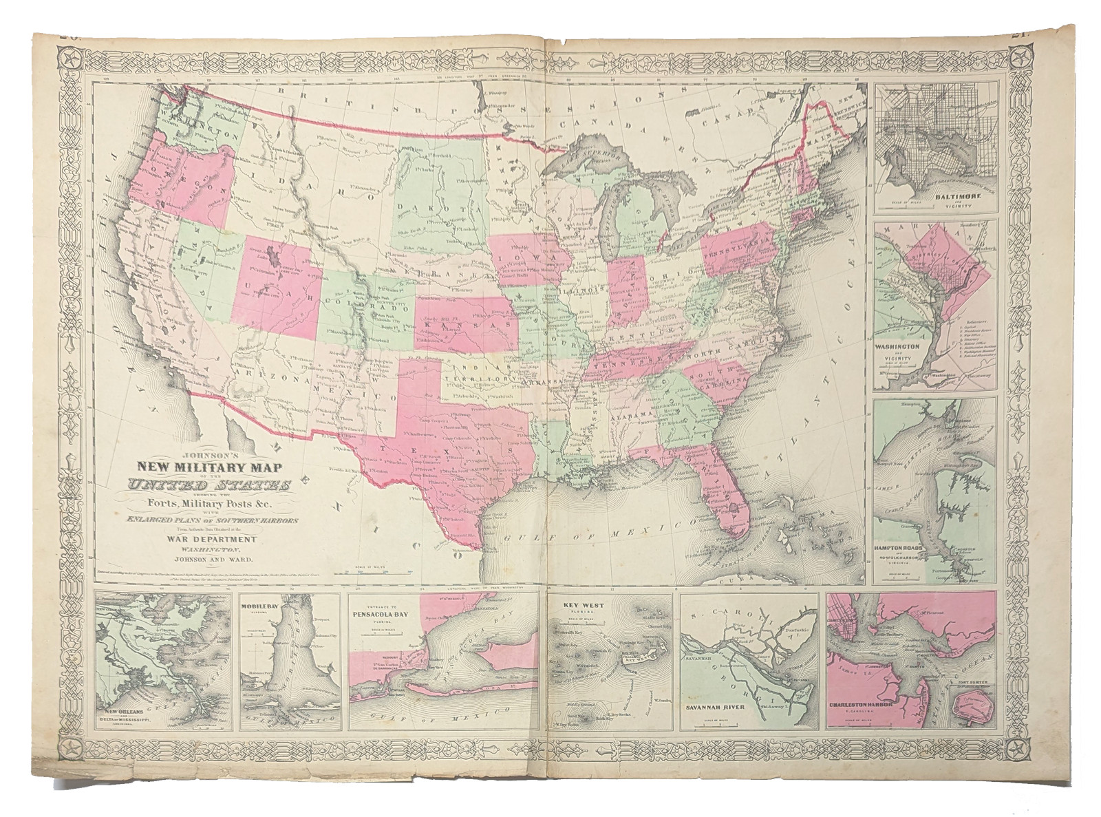 1864 Military Map of the United States Johnson and Ward **ANTIQUE ORIGINAL