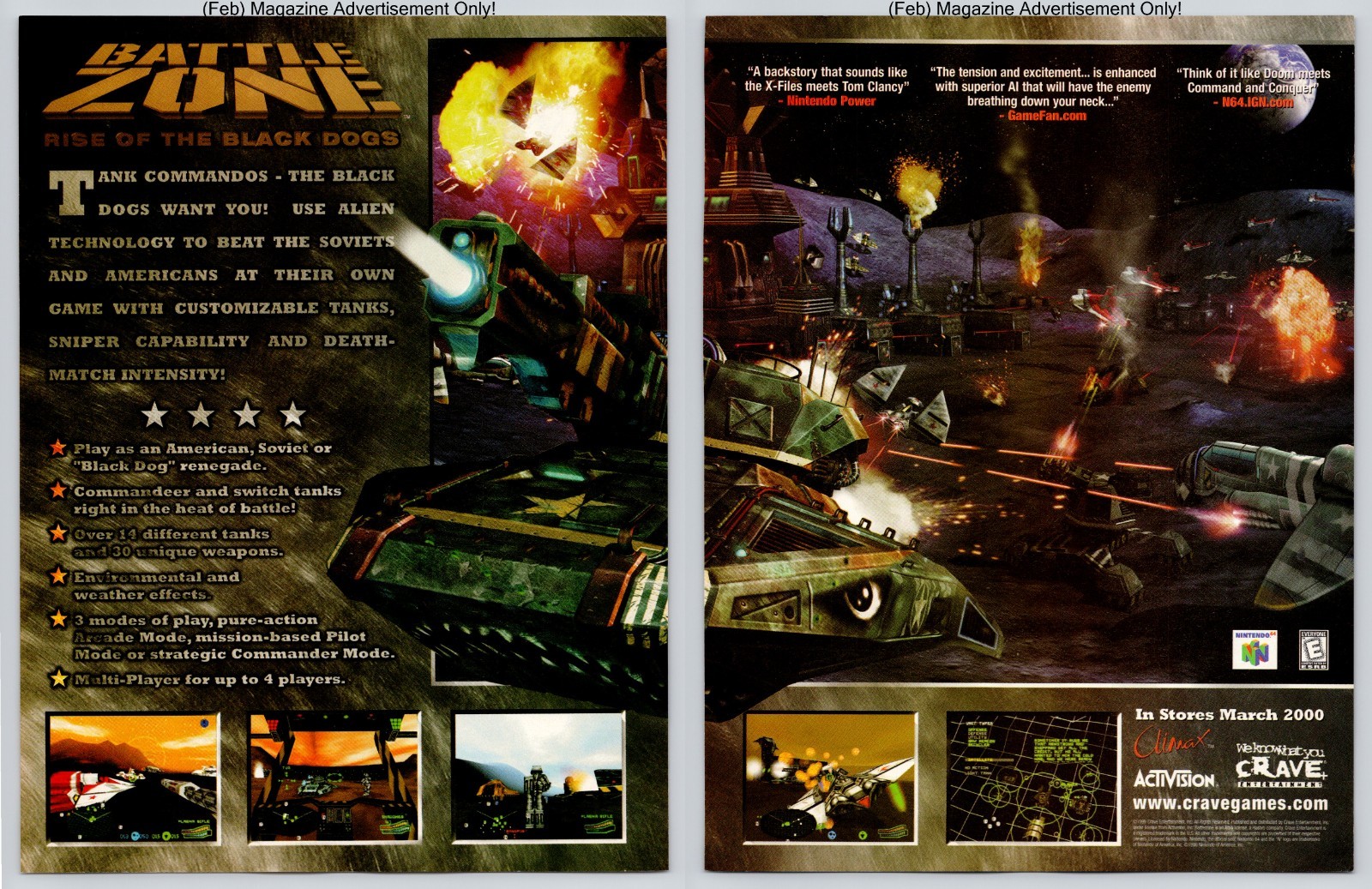 Battlezone Rise Black Dogs Nintendo Warfare Tank Promo 2000 2Page Advertisement