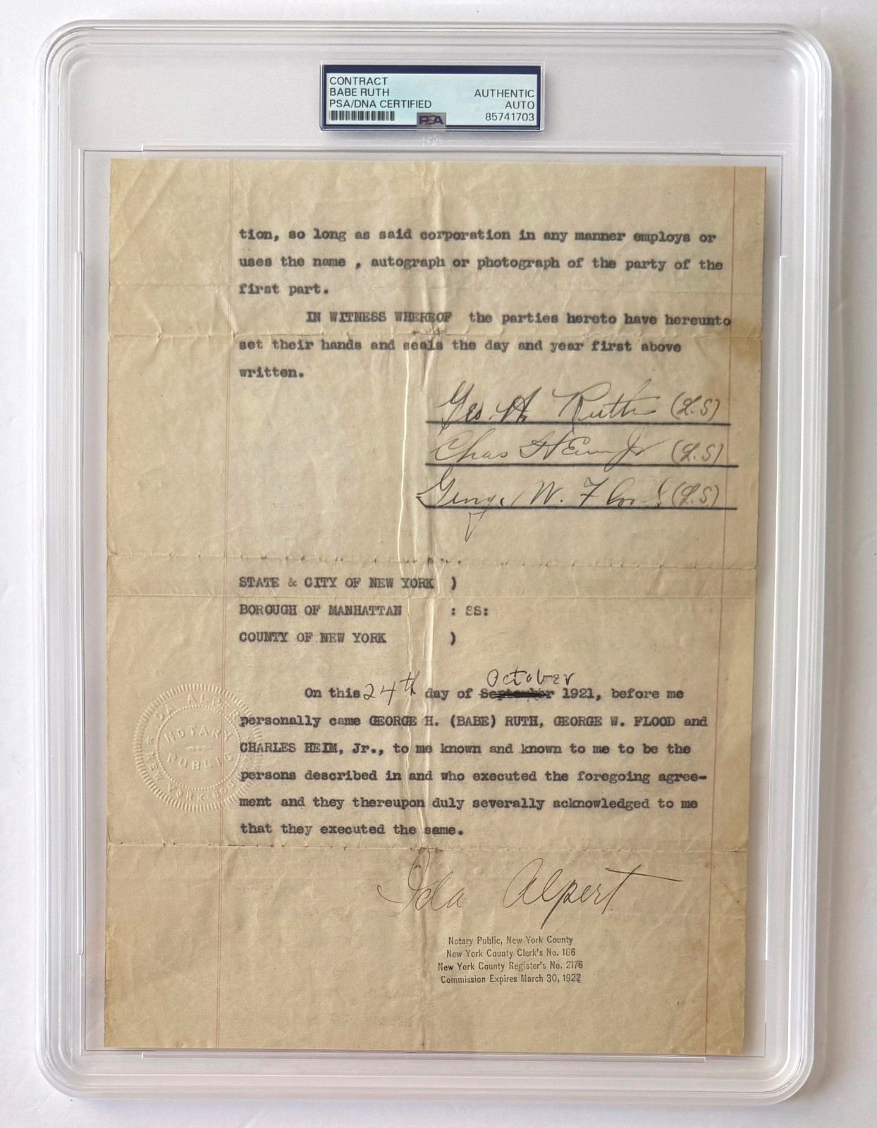 1921 BABE RUTH Signed Contract PSA/DNA Certified Authentic with LOA;C236