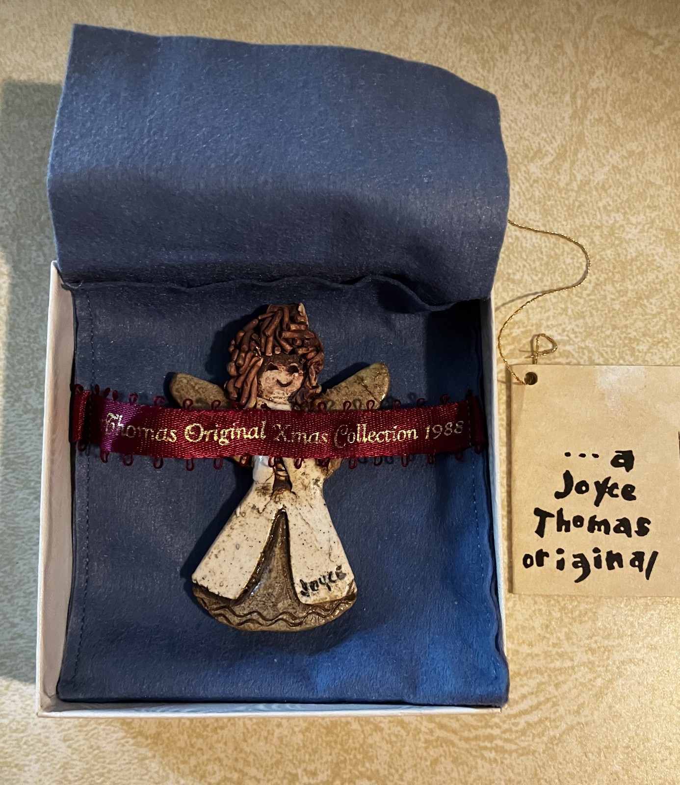 Vintage 1988 Joyce Thomas Original Clay Angel Ornament Montana Folk Art Box