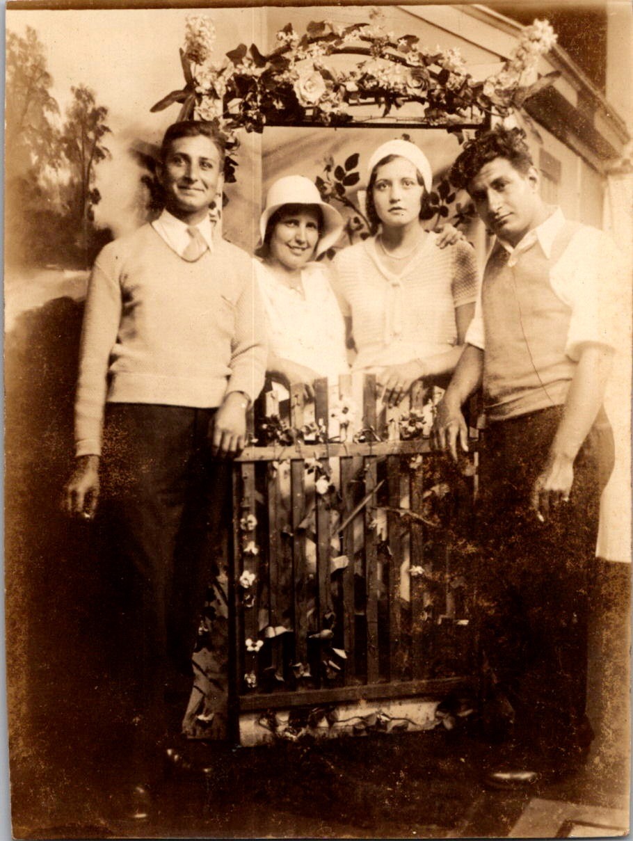 Vintage 1920s-30s RPPC Real Photo Postcard Four People Studio Portrait Gate