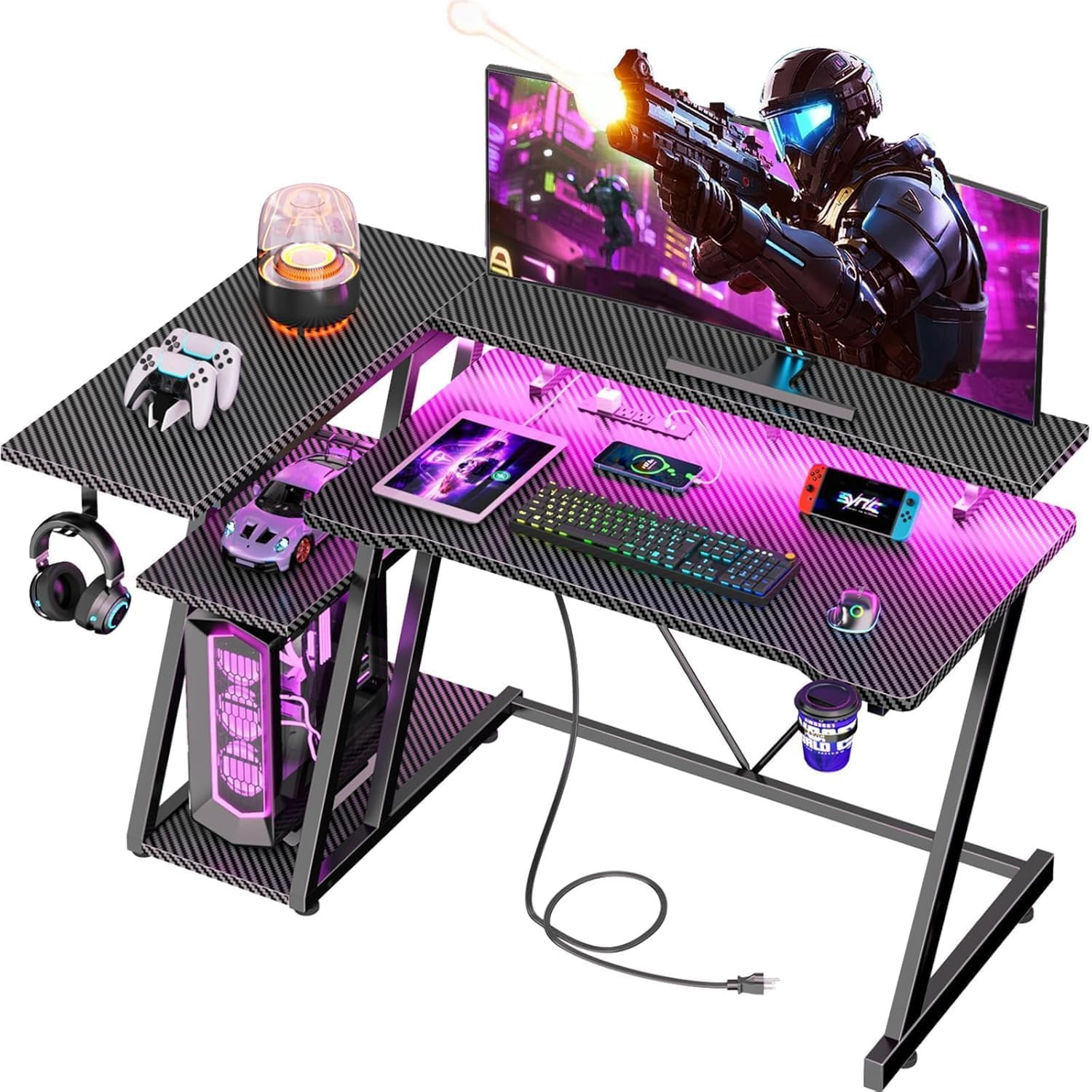 40 Inch Gaming Desk with Power Outlet & LED Lights, L Shaped Computer Gaming Tab