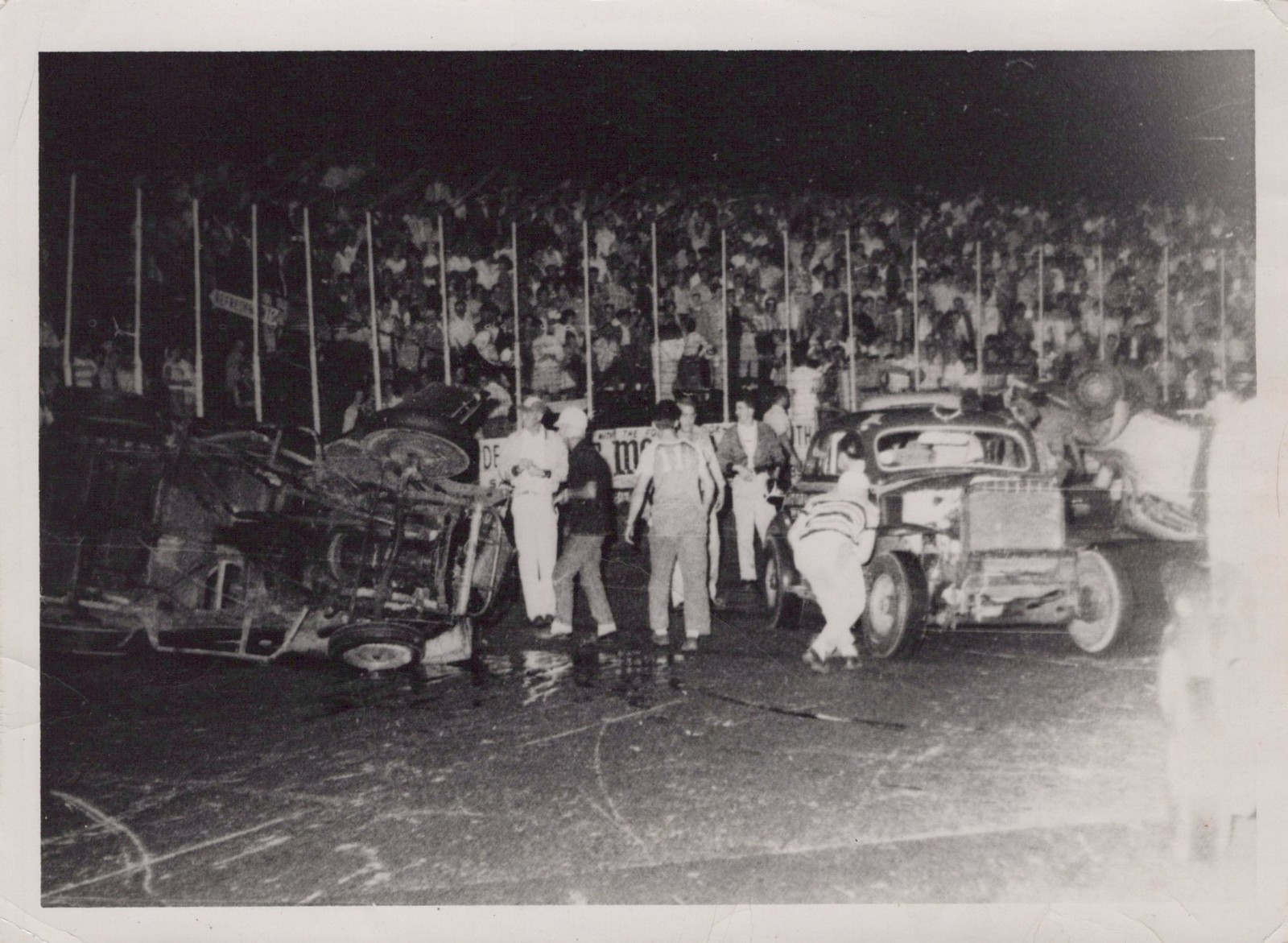 Stock car crash Long Island cleanup packed stands 1959 - Himes Estate Photo