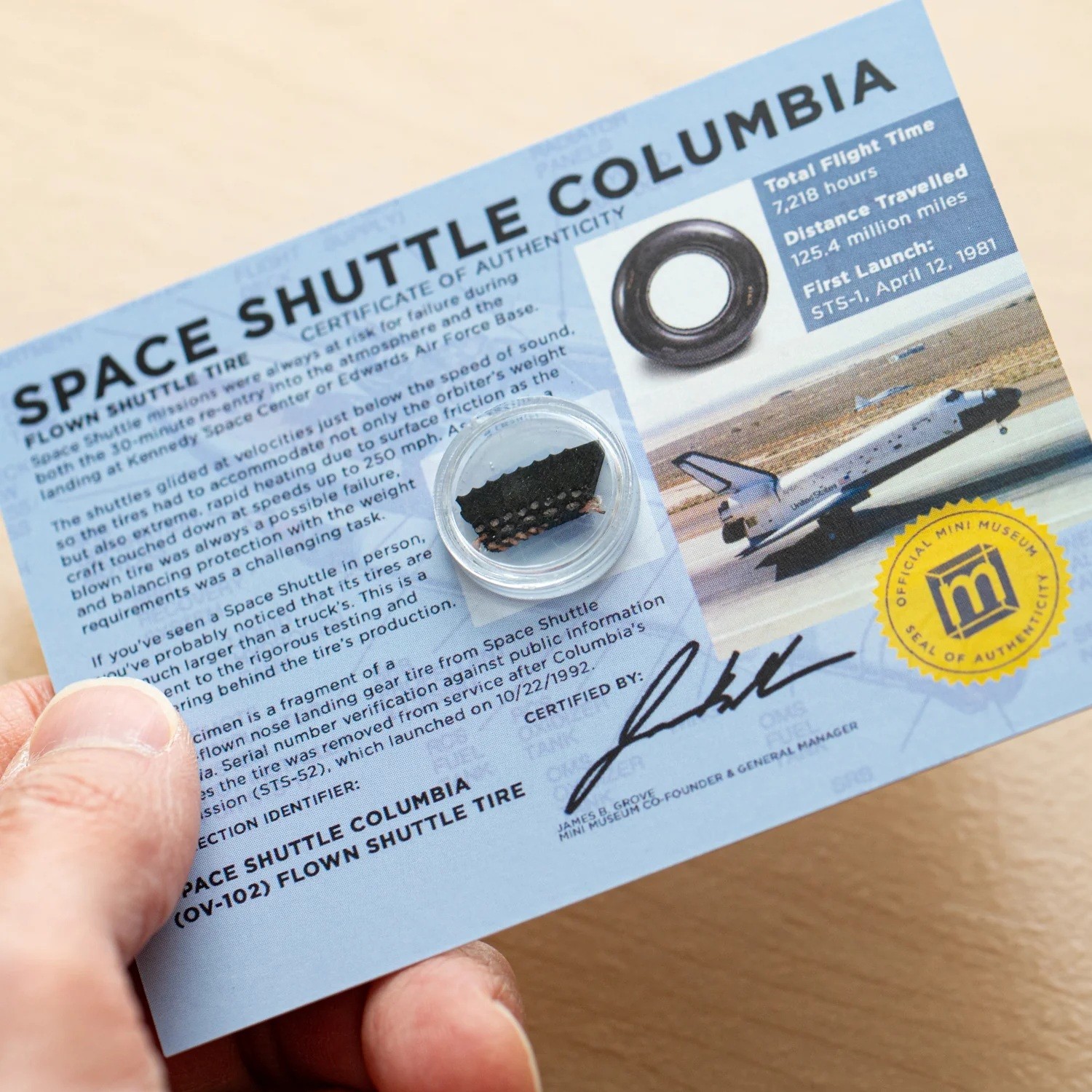 Mini Museum Space Shuttle COLUMBIA FLOWN Tire Piece  from OUR 1st NASA Shuttle