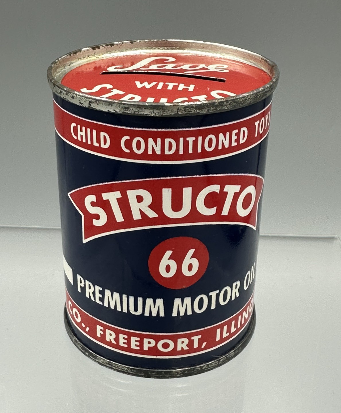 Vintage STRUCTO 66 MOTOR OIL Can COIN BANK Tin Gas Advertising FREEPORT ILLINOIS