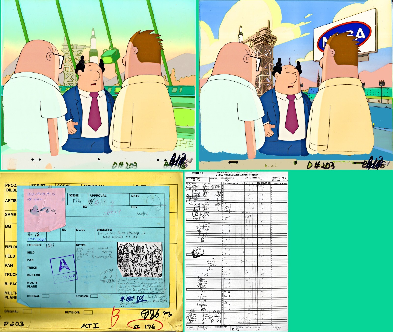 DILBERT Animation 3Cels w/2 Backgrounds:  Dil's BOSS+2 at NASA Rocket Launch