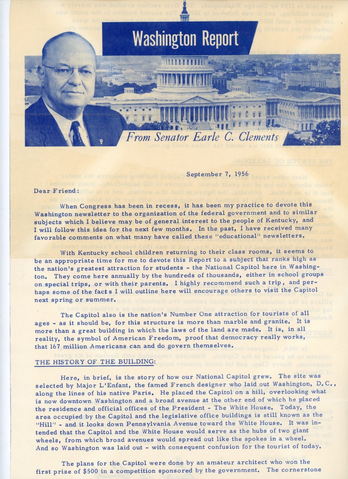 1956 Washington Report Newsletter Senator Earle C. Clements Kentucky US Capitol