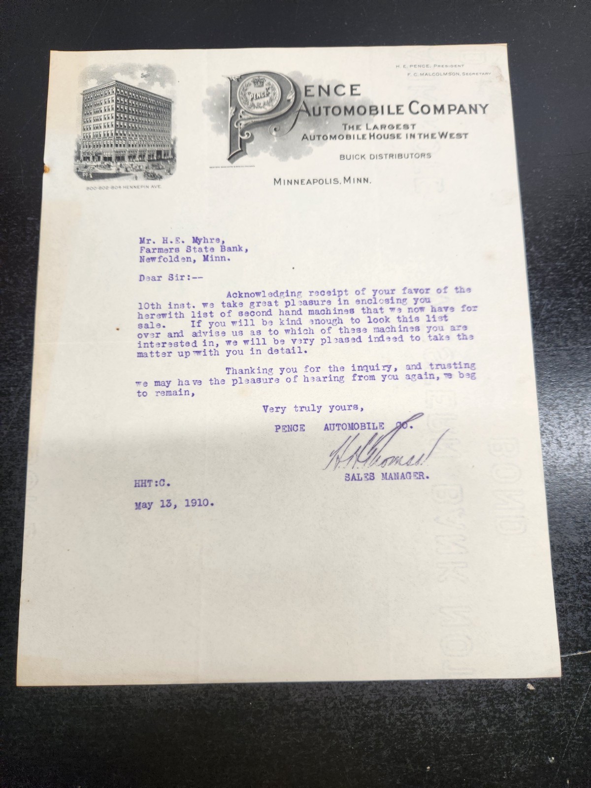 VTG 1910 Billhead Masthead of Pence Automobile Company Buick Distributors