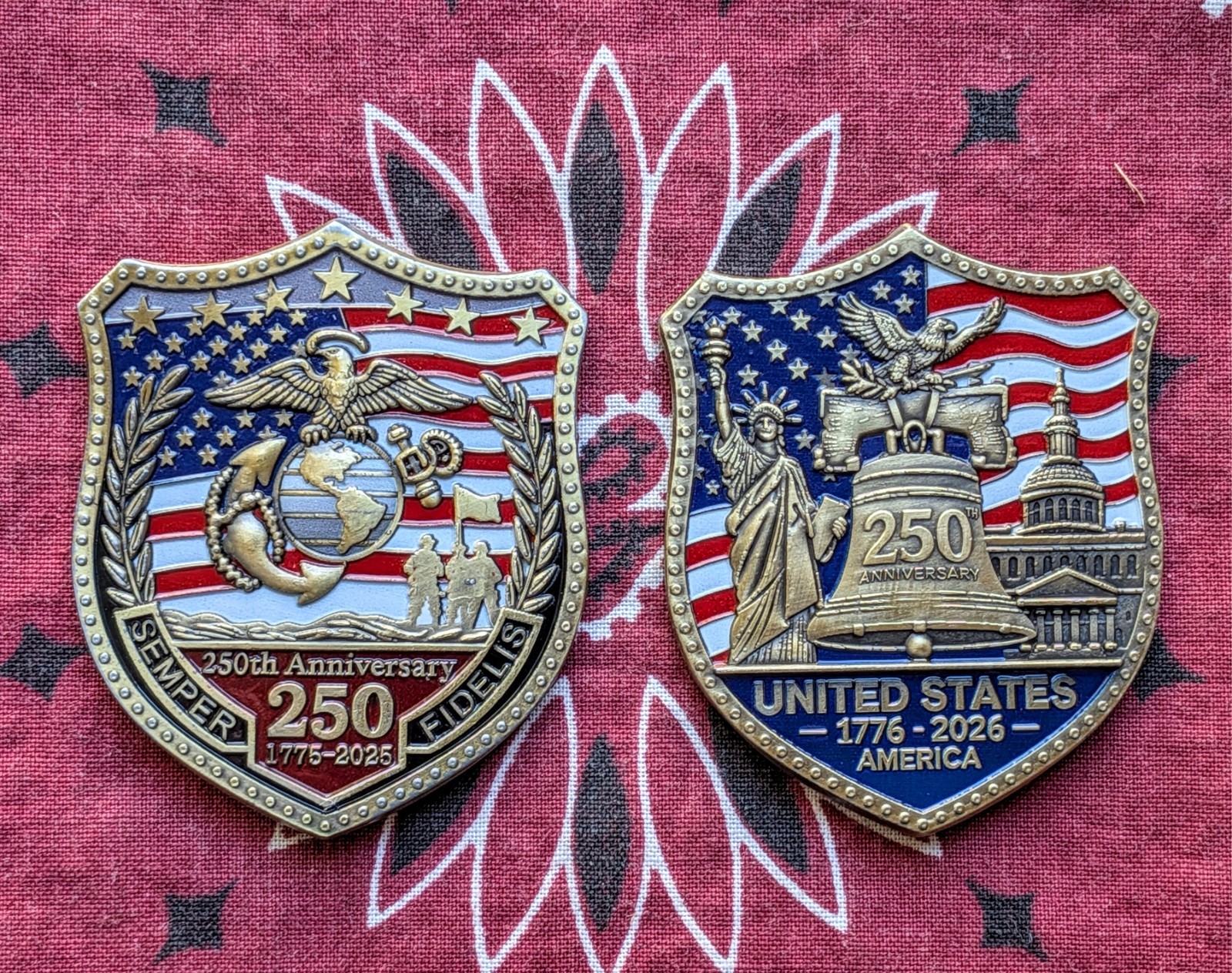 2pc 250th USA Statue of Liberty Marines Navy Challenge Badge Commemorative Coins
