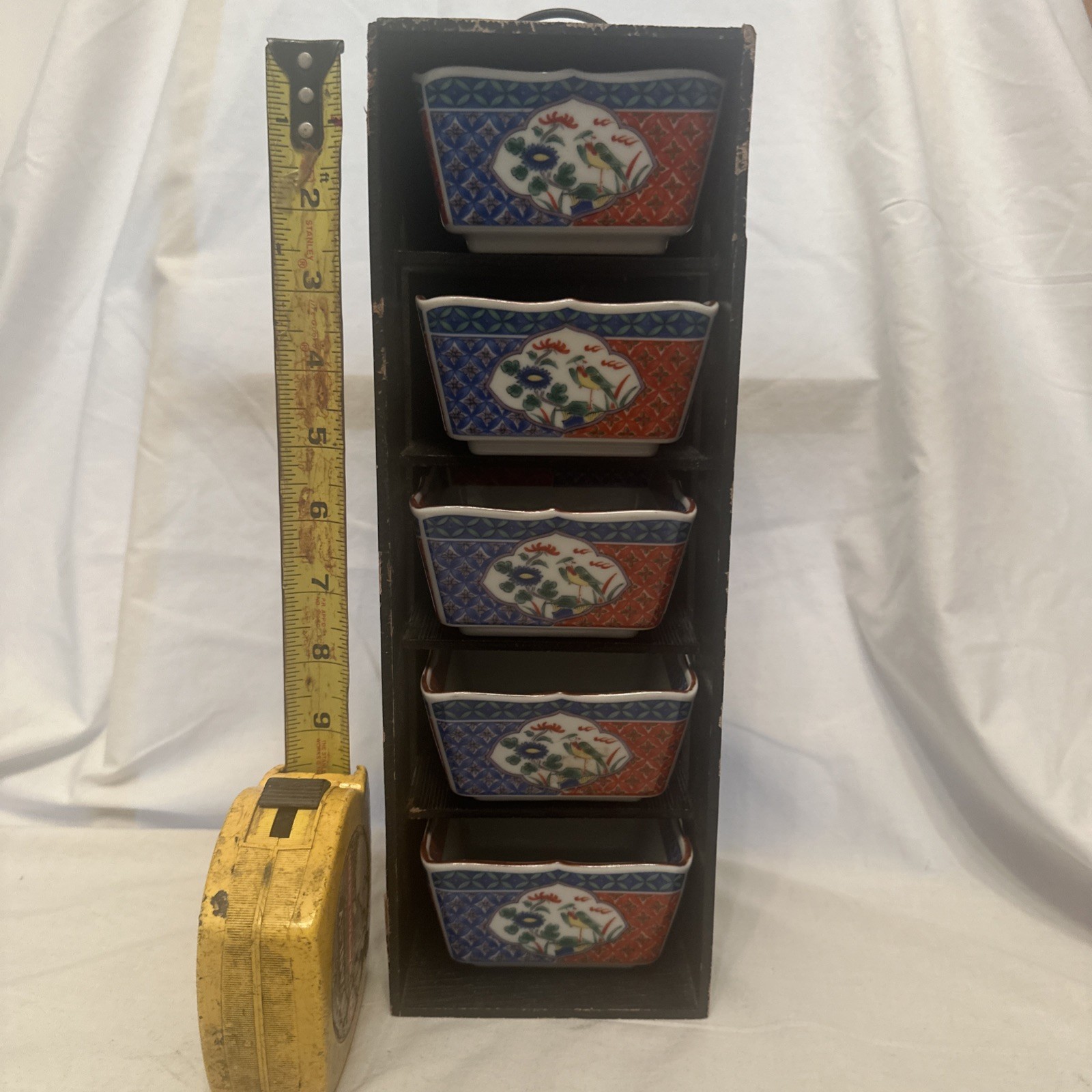 Vintage Japanese Arita Seiho Kiln Square bowls, Set of 5 with wood box, Imari 
