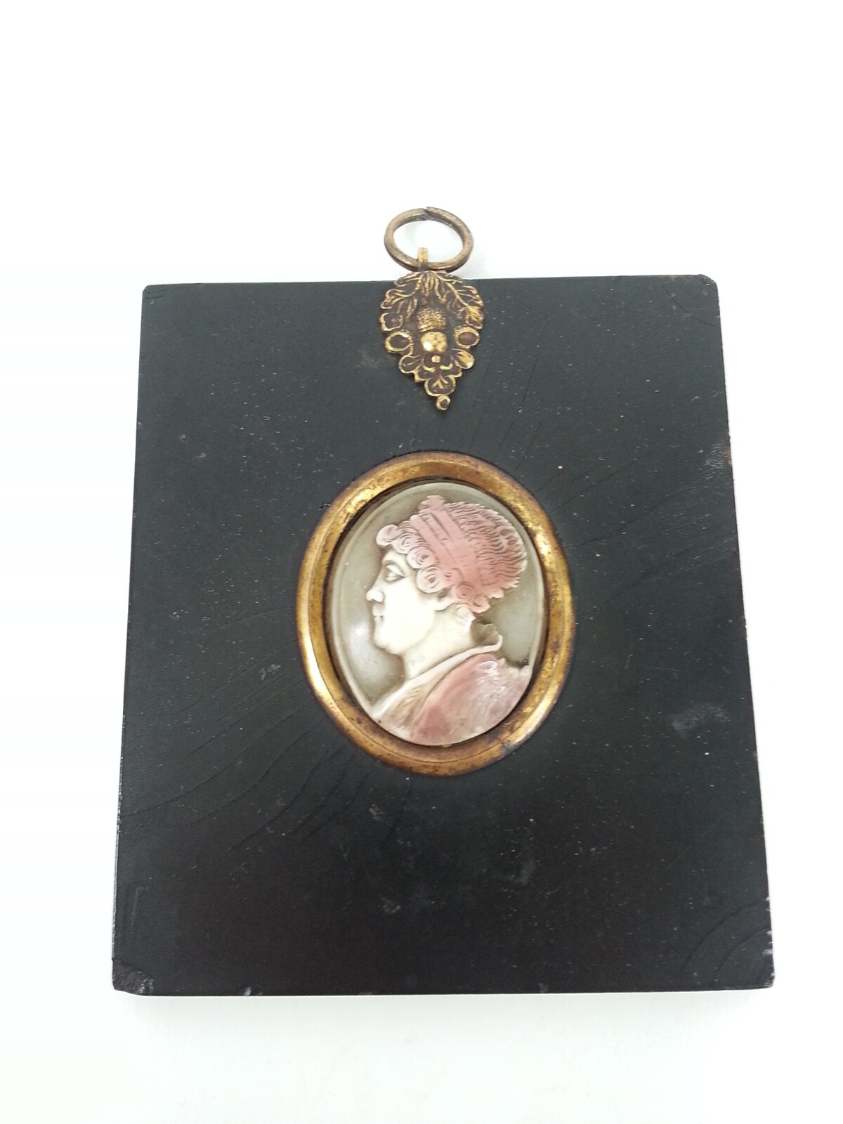 Very Old Antique Hand Carved Cameo Mounted In Goldtone And Black Wood Plaque 