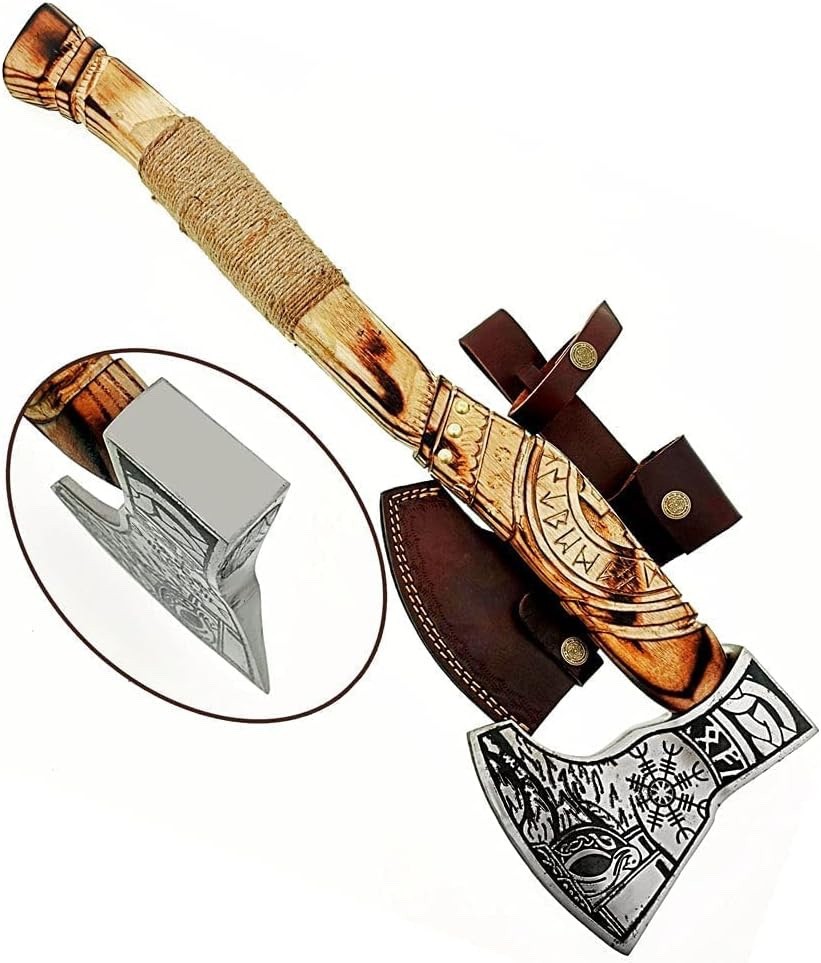 Hand Forged Viking  Axe | High Carbon Steel Blade, Orange Leather Wrapped Handle