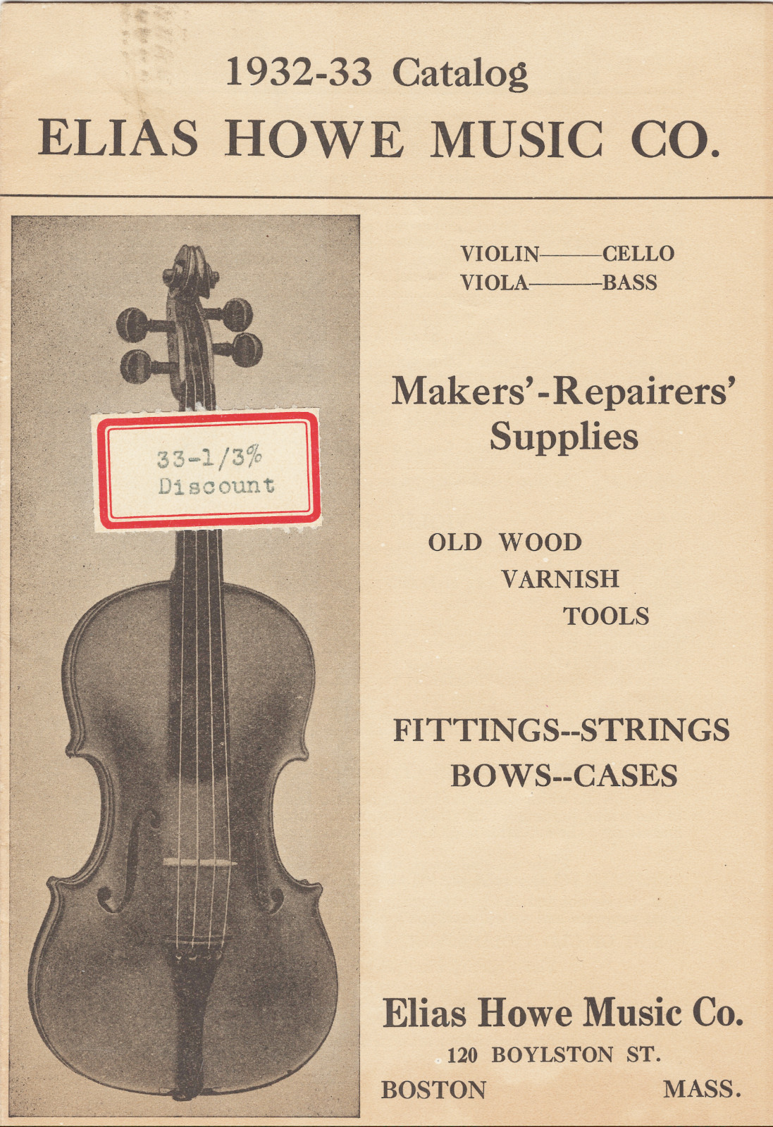 Vintage 1932-33 Elias Howe Music Co Violins Strings And Accessories Price List