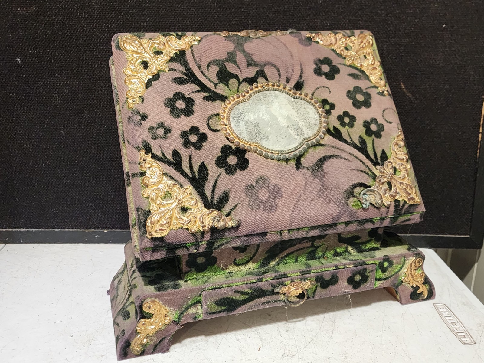Antique Victorian Era Cabinet Card Flocked Velvet Photo Album w/ Mirror & Stand