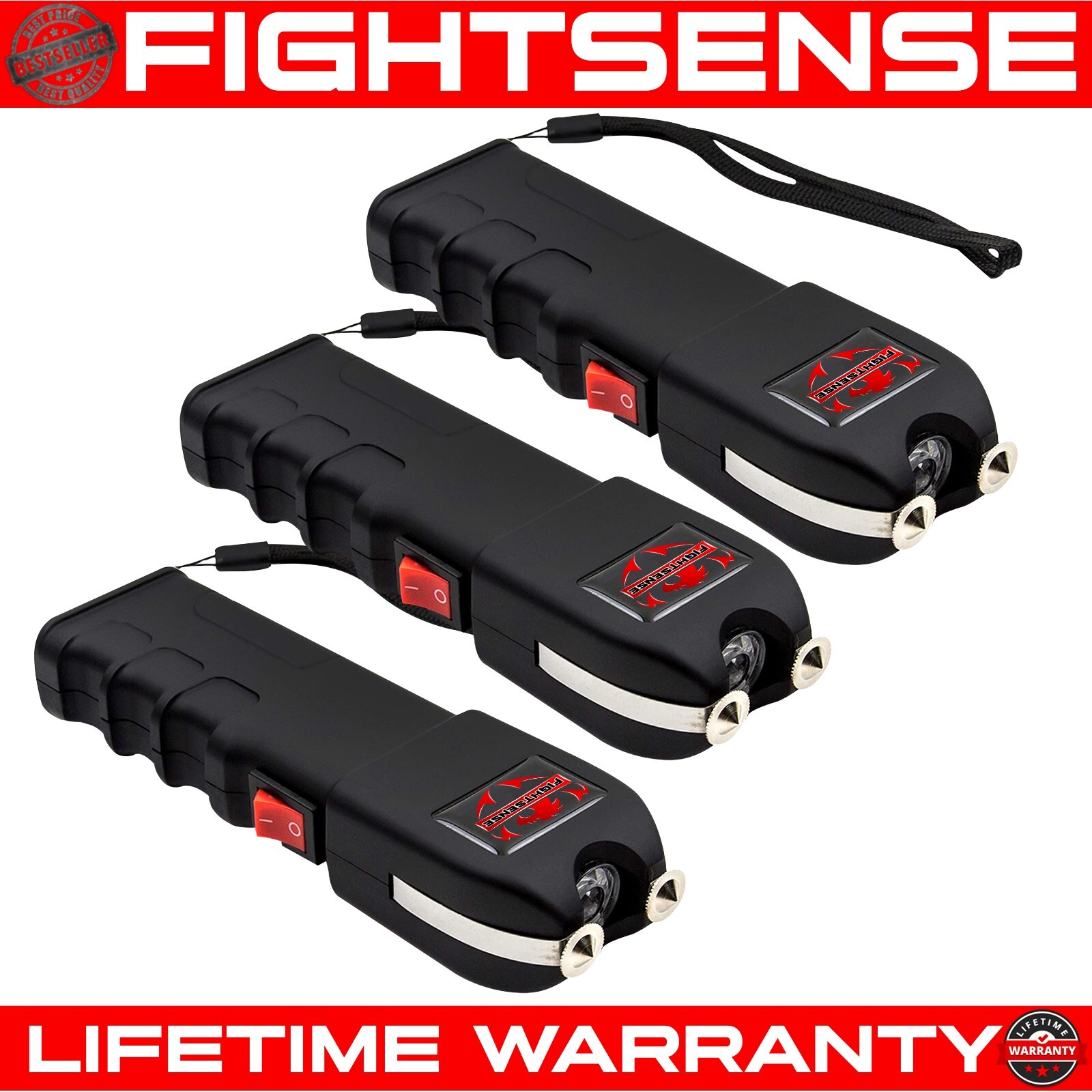 FIGHTSENSE 3PC Heavy Duty Rechargable StunGun with LED Flashlight for SelfDefens