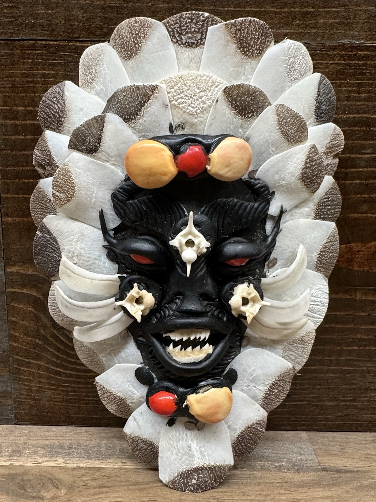 Vintage Amazon fish-scale and piranha-tooth folk art mask Manaus, Brazil 2002