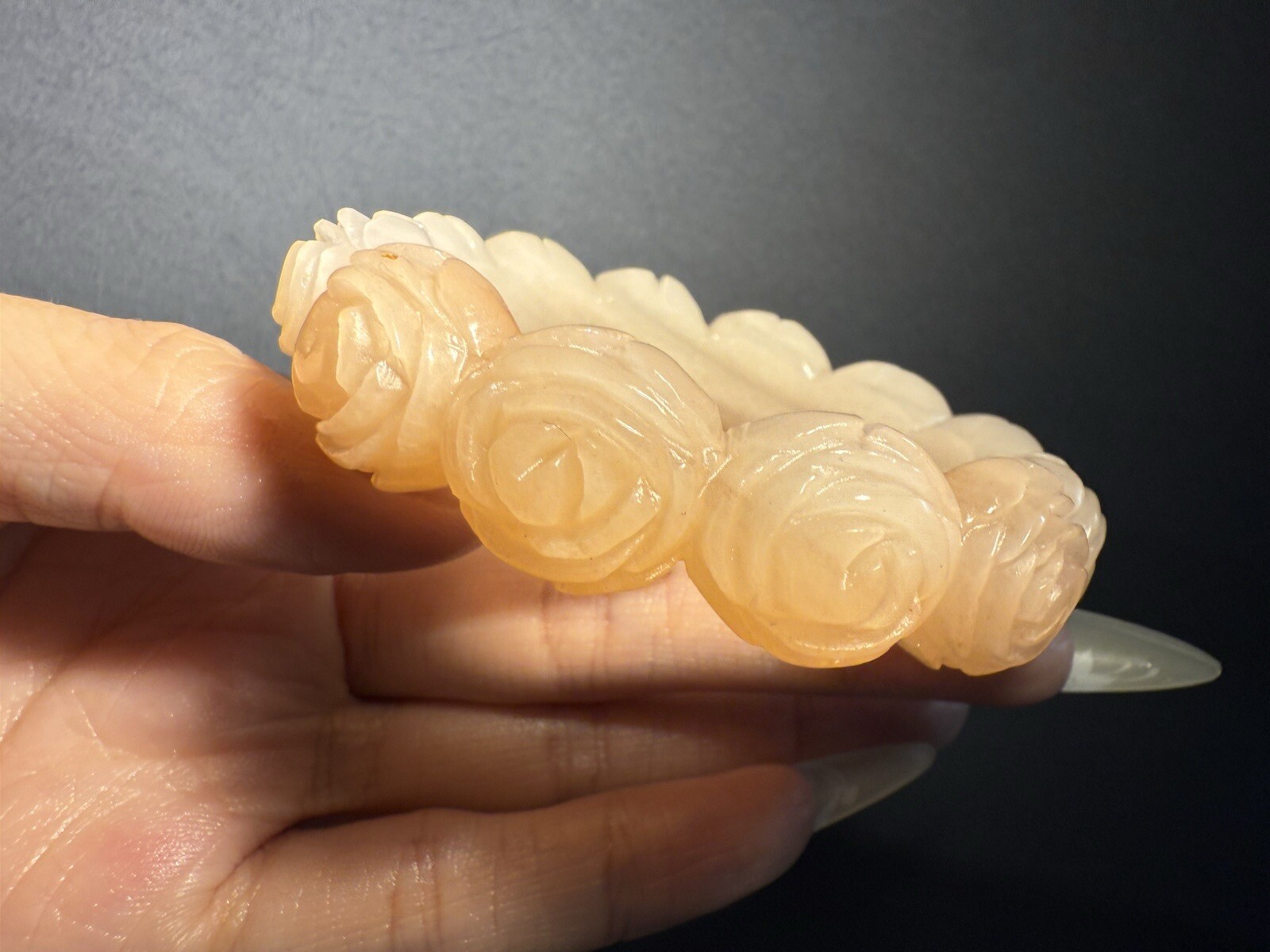 56.5mm  Rare Soft Pink Natural Mongolian Jade Bangle/Shetei Cui/Hand Carved Rose