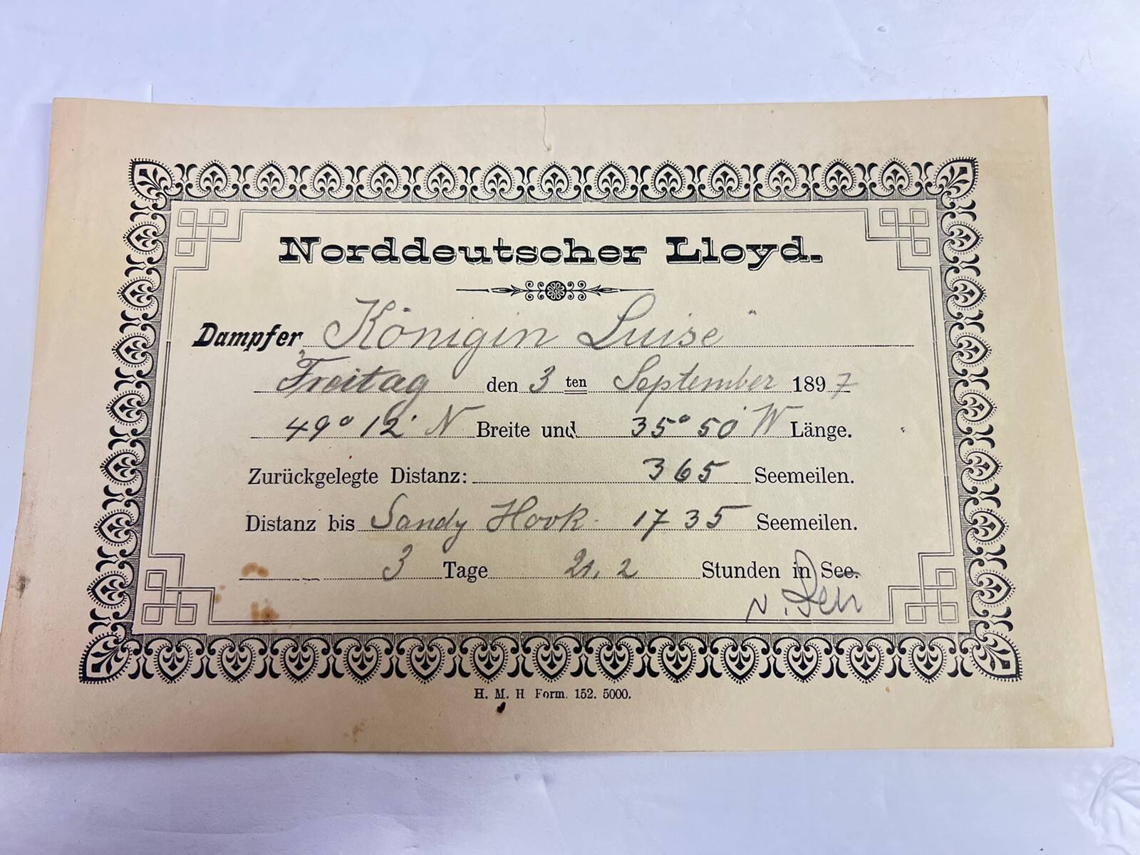 1897 North German NORDDEUTSCHER LLOYD STEAMSHIP Ticket Queen Luise ￼Ticket