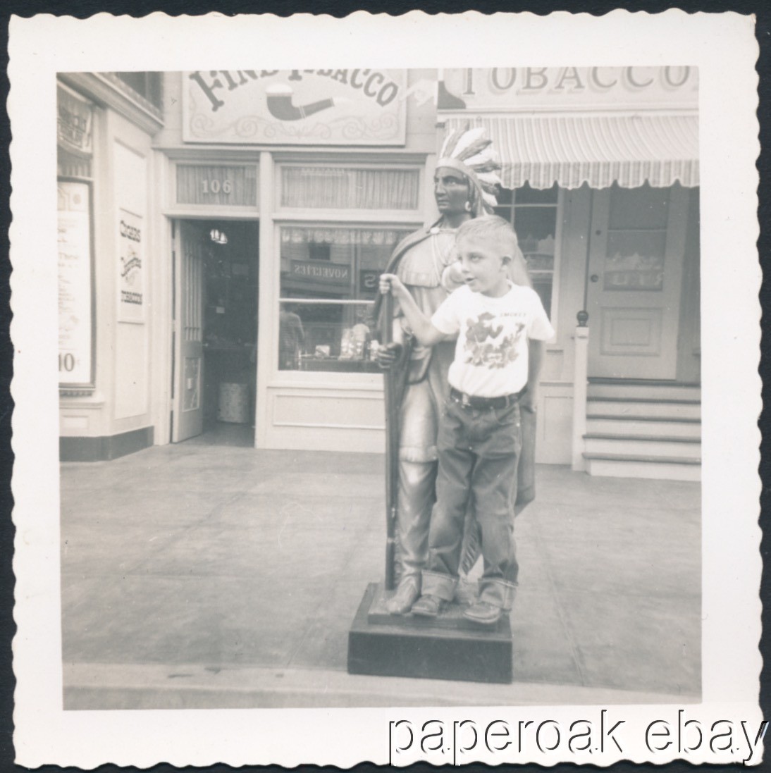 Original 1956 Disneyland Main Street Snap Shot Photo With Cigar Store Indian