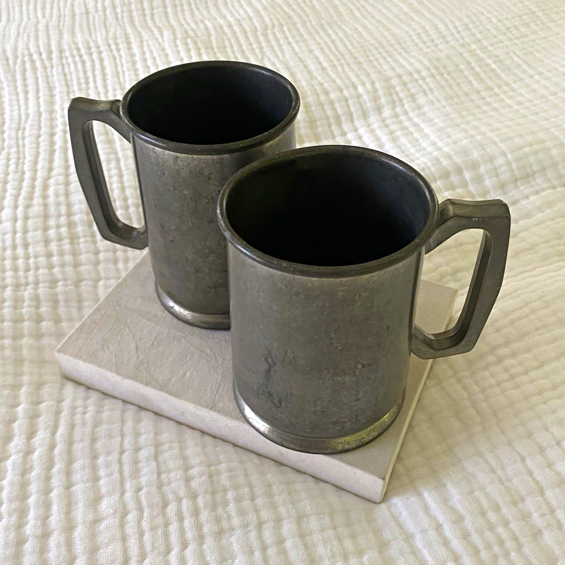 Vintage Metawa 94% Pure Pewter Mug Set of 2, 8 oz Gray Tankards Mid-Century 