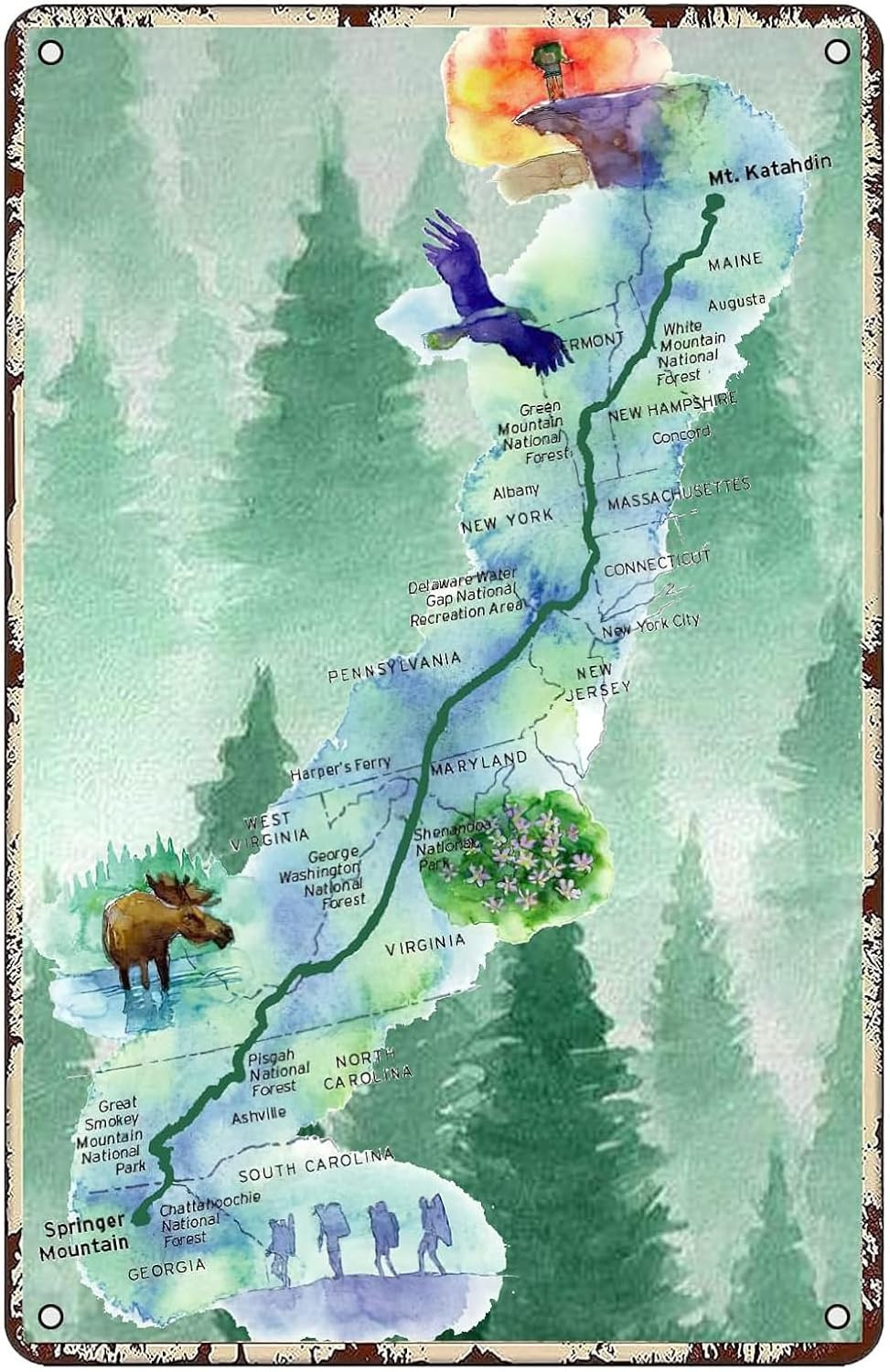 KHOPCHE the Appalachian Trail Hiking Trail Map Retro Metal Signs Adventures Wall
