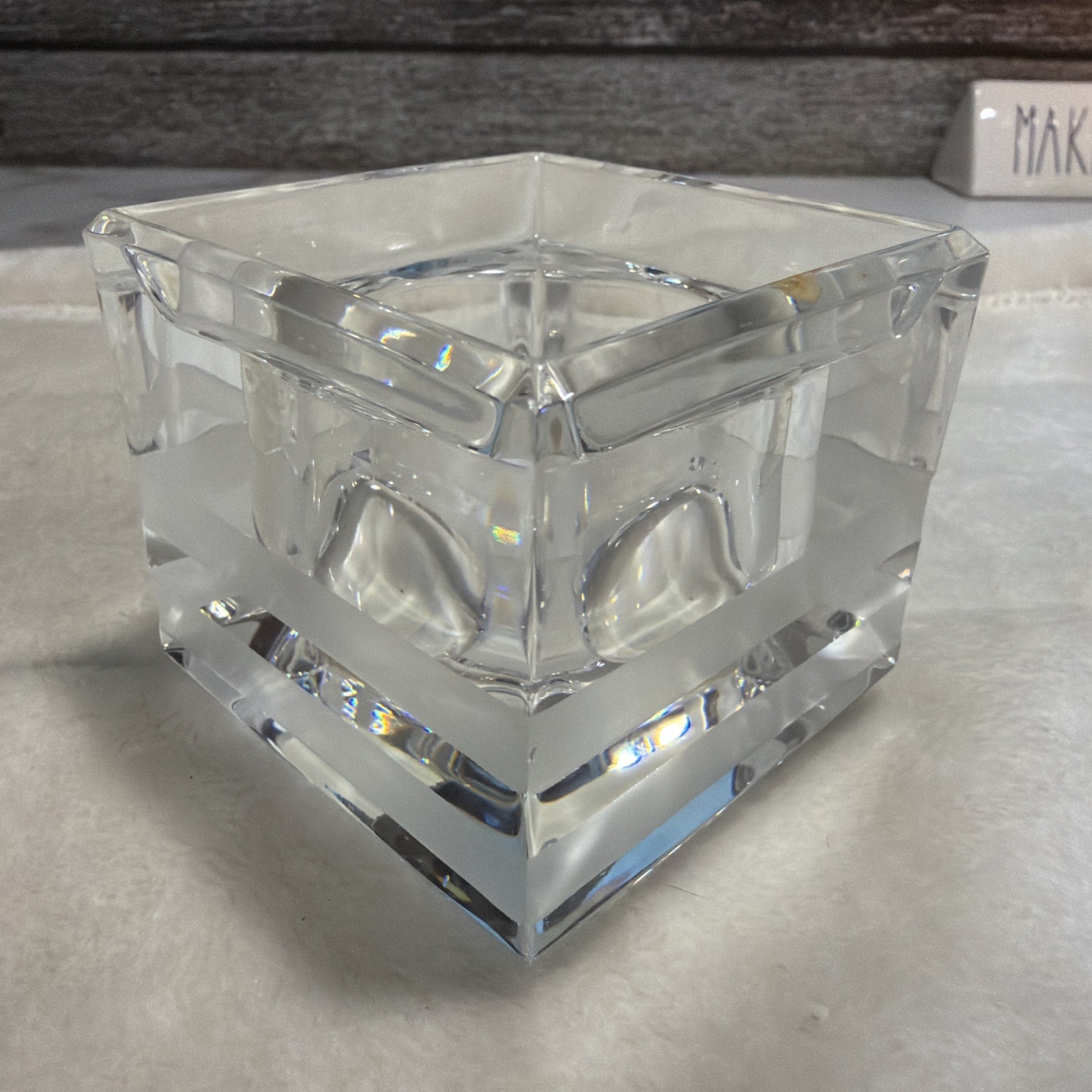 Wedgwood Vera Wang Square Cube MCM Crystal Frosted Votive Candle Holder Signed