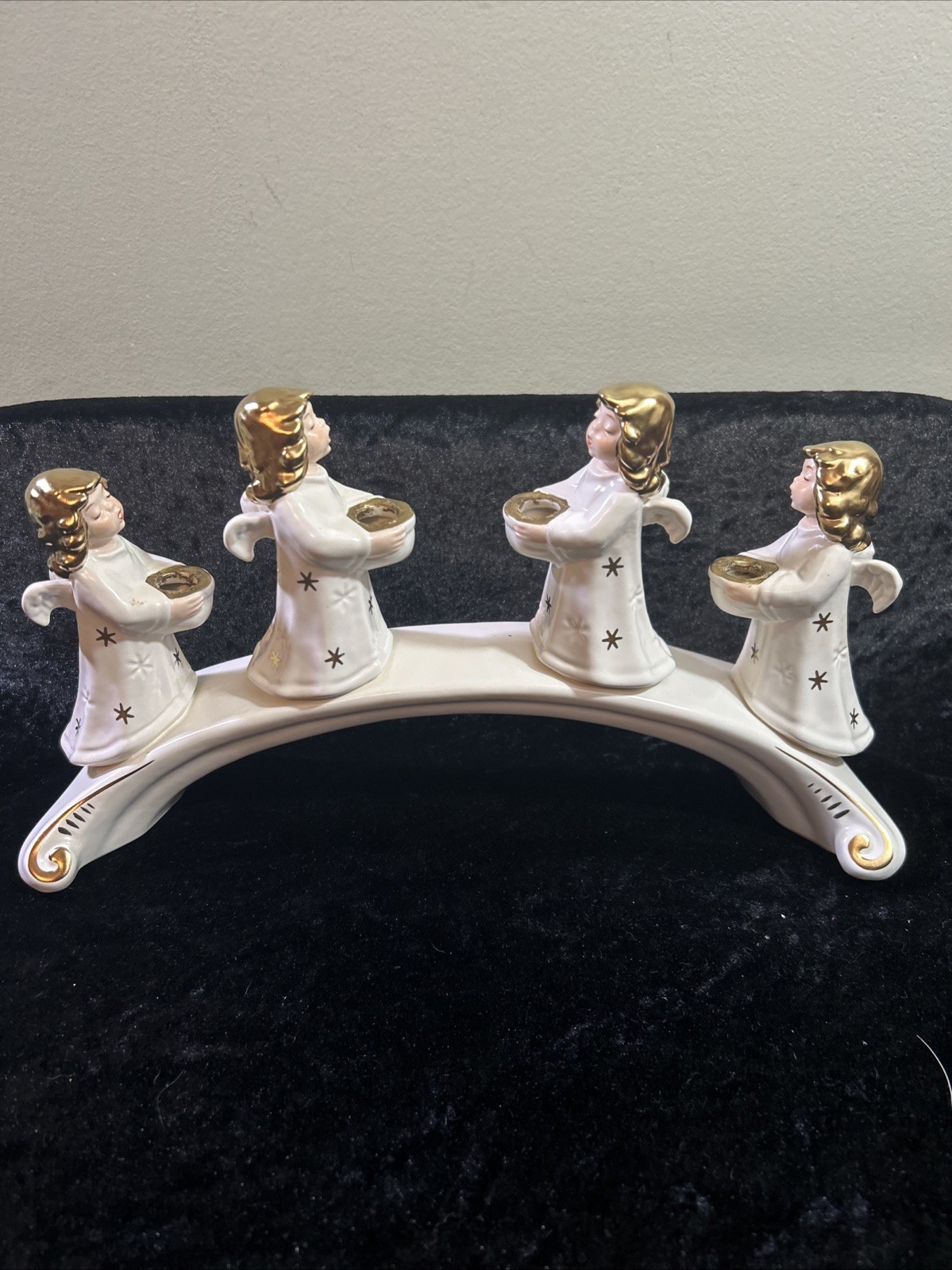 Vintage 1971 GOEBEL W Germany Bridge w/4 Angel Candle Holders White & Gold Porc