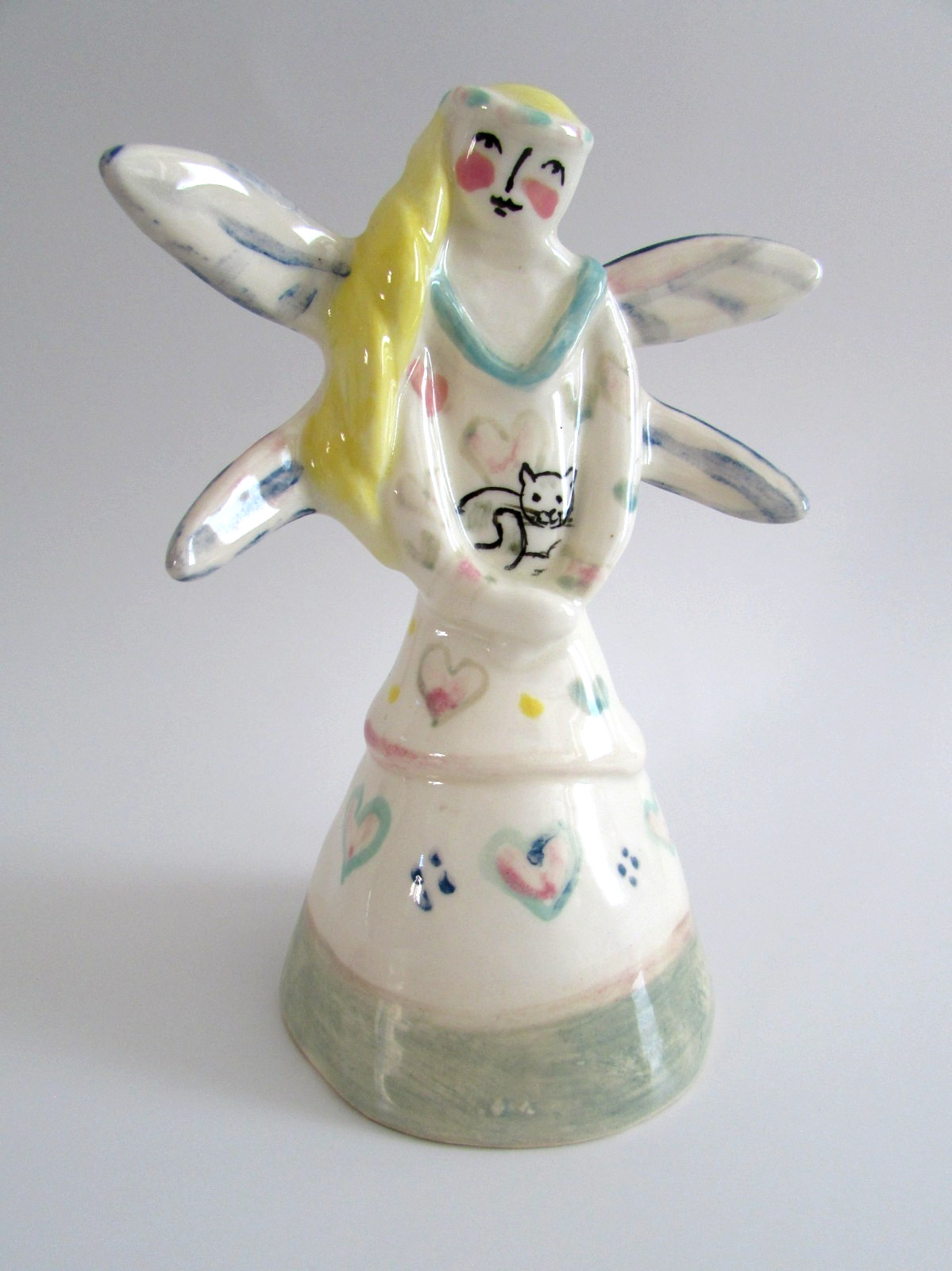 Jill Hillman White Dog Pottery Angel w Cat Bell Figurine 1994