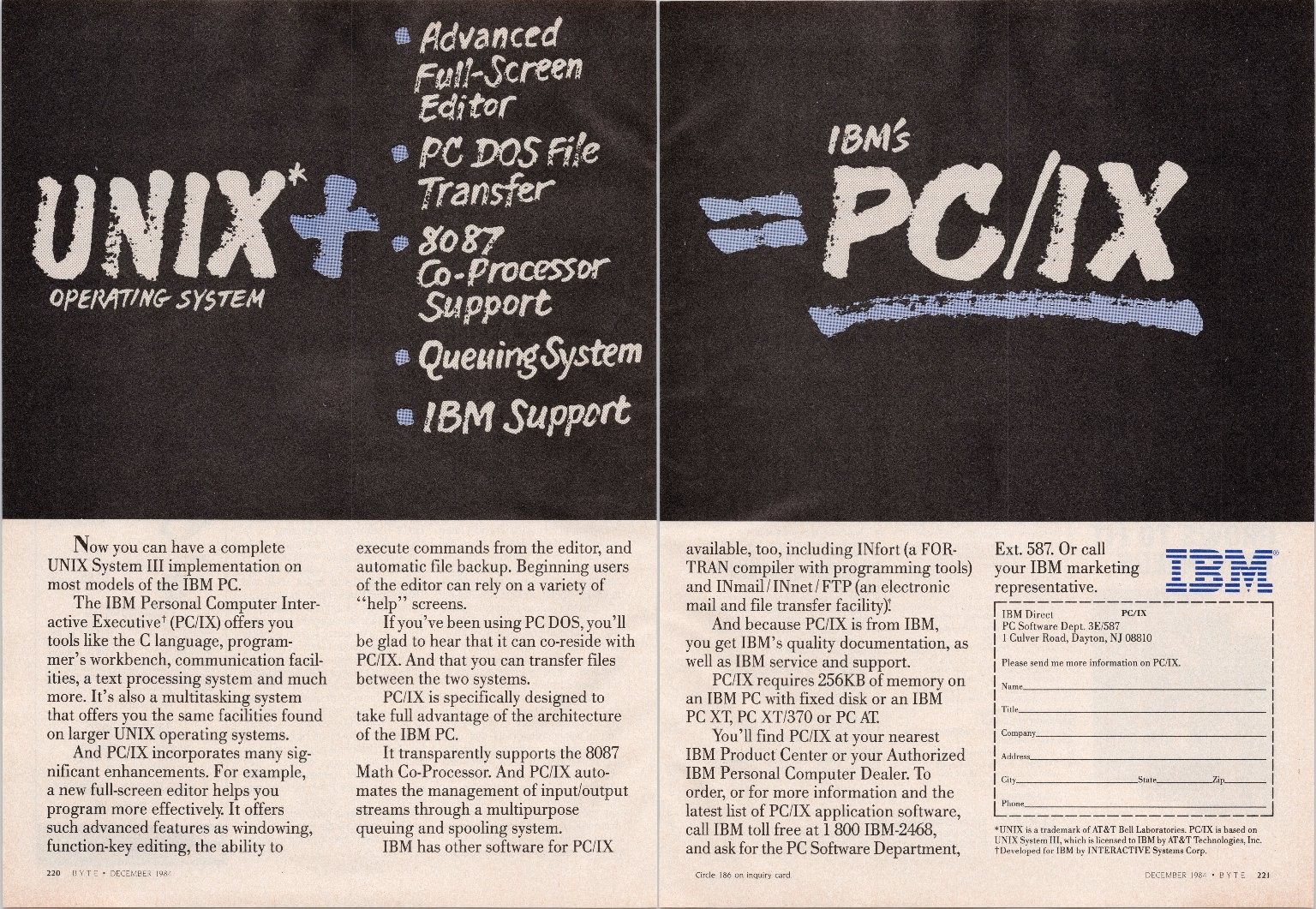 IBM PC/IX UNIX Operating System 2 Pg Print Ad Dec 1984 Vintage