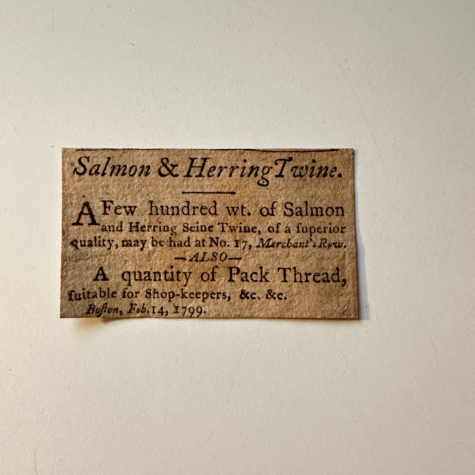 Salmon & Herring Twine At 17 Merchant\'s Row 1799 Boston 1799 Clipping 5AK9-S5