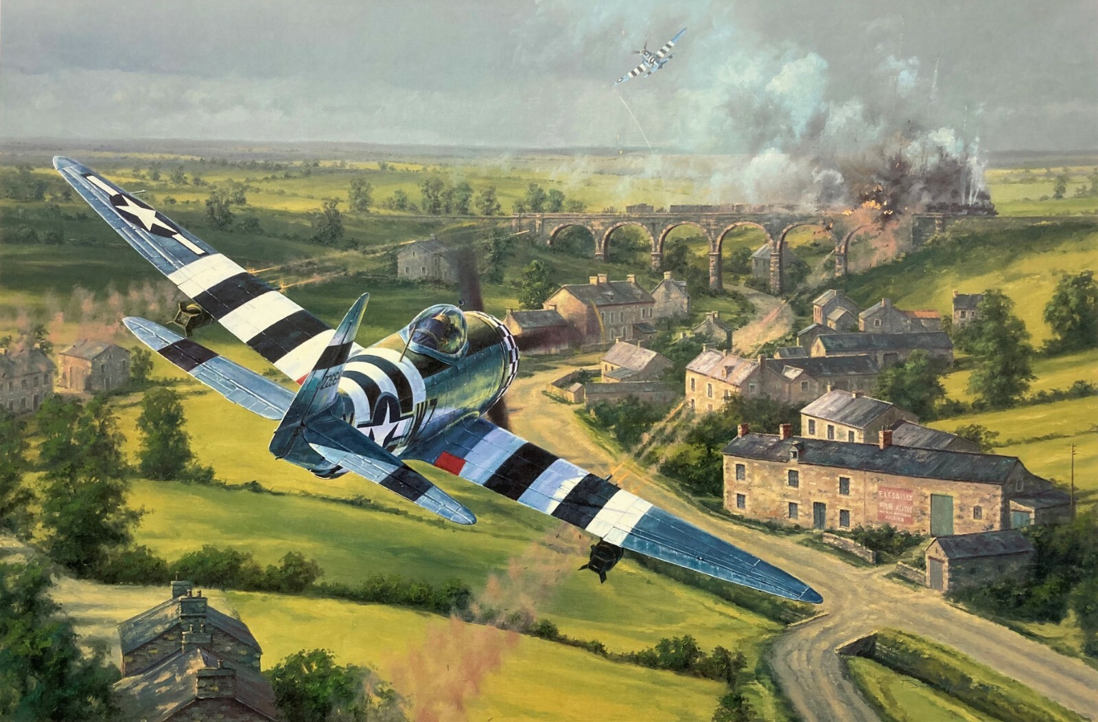 Bridge Busters by Anthony Saunders aviation art signed by D-Day P-47 Pilots