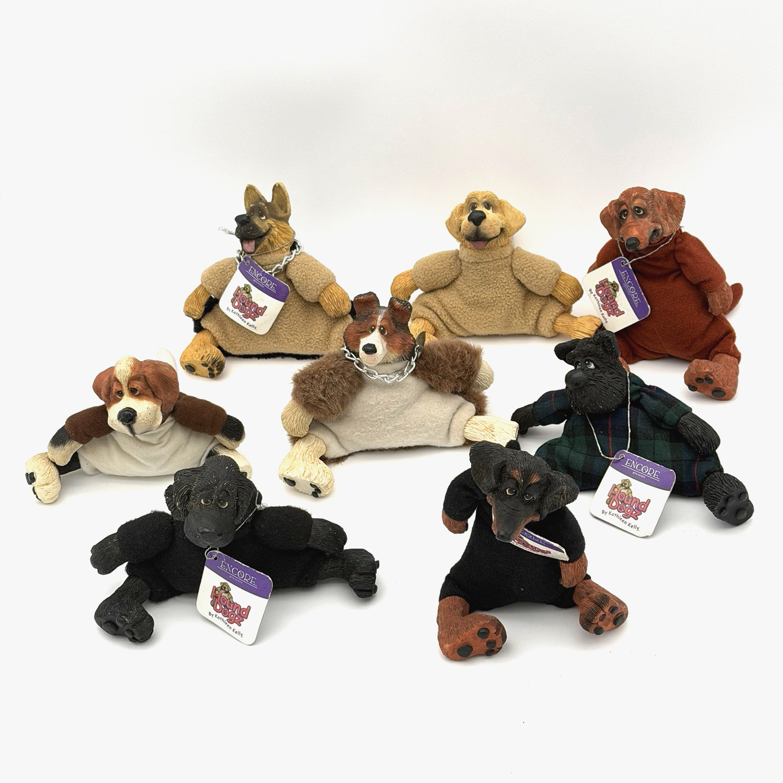 Vtg Encore Hound Dogs Kathleen Kelly Plush Beanbag Shelf Sitter Figure Lot of 8