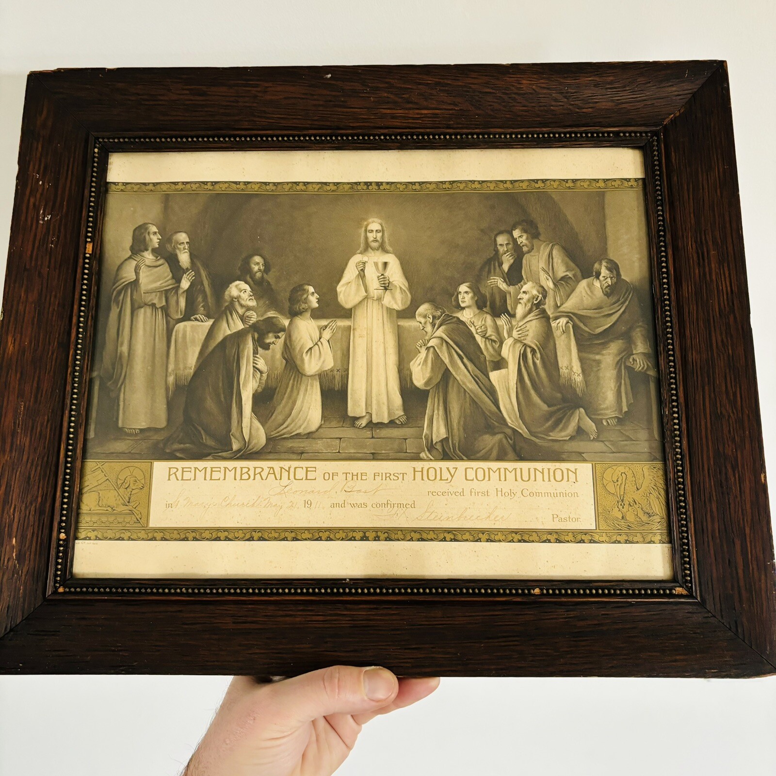 Antique 1900s 1911 First Holy Communion Certificate Quarter Sawn Wood Frame
