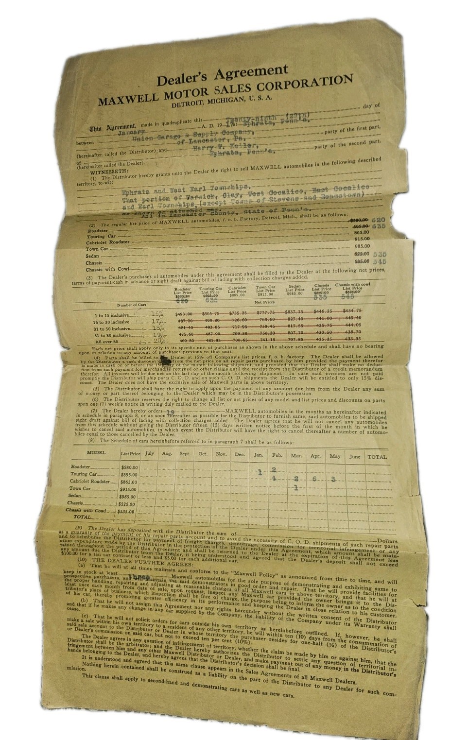 ​1916 Maxwell Motor Car Dealer Agreement Contract Ephrata Lancaster PA...