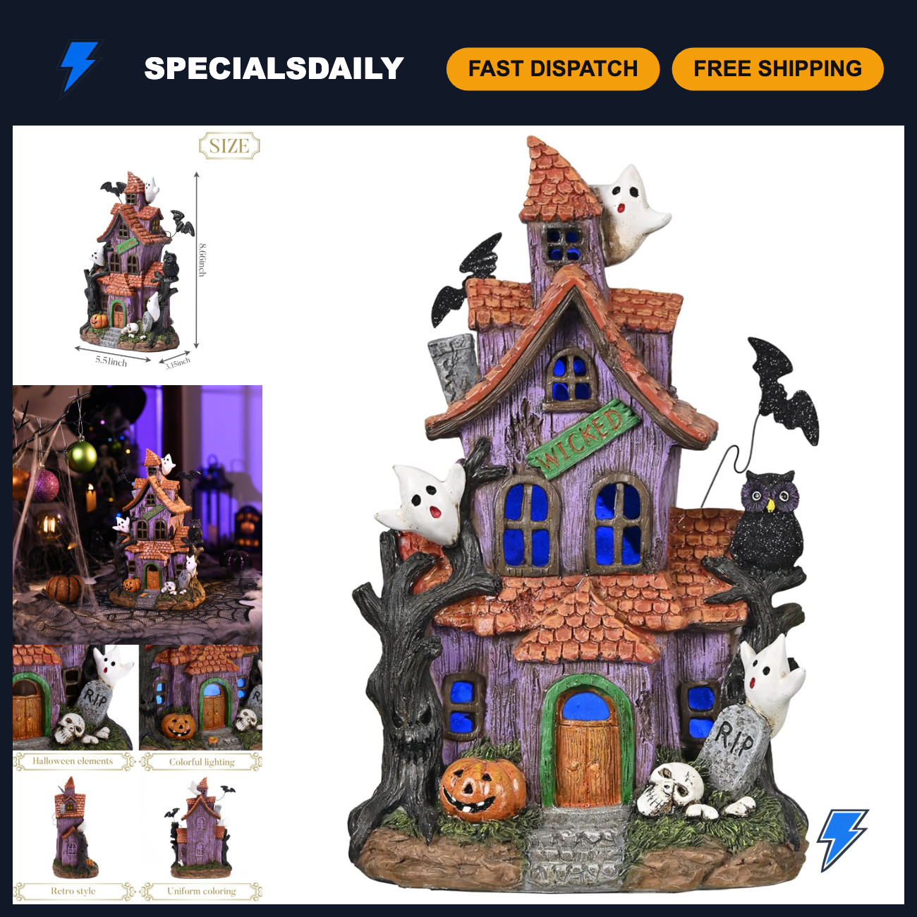 Lighted Halloween Village Houses - LED Spooky Town Decor for Home & Party, 9