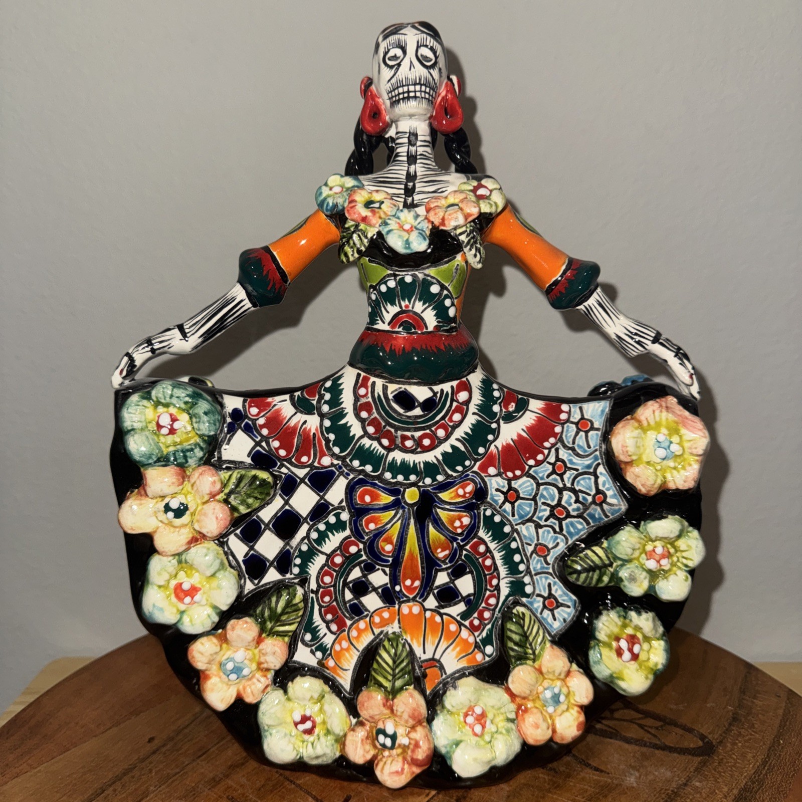 Mexican Talavera Catrina Dancer Figurine 11” Hand-Painted Floral Dress