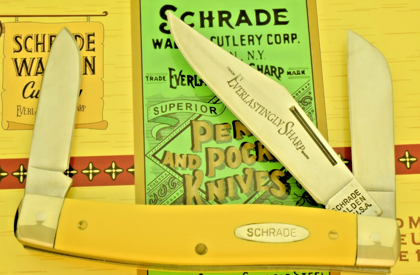 VINTAGE NOS SCHRADE WALDEN USA YELLOW STOCKMAN KNIFE IN CIGAR BOX & TUBE SWA880Y