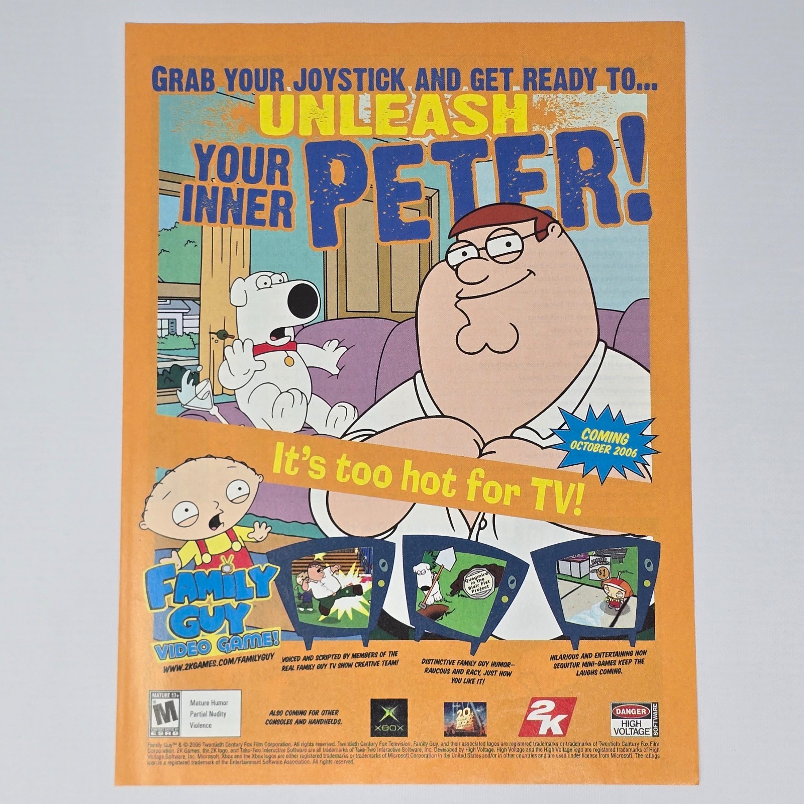 Family Guy Video Game Xbox Too Hot For TV Print Ad/Poster