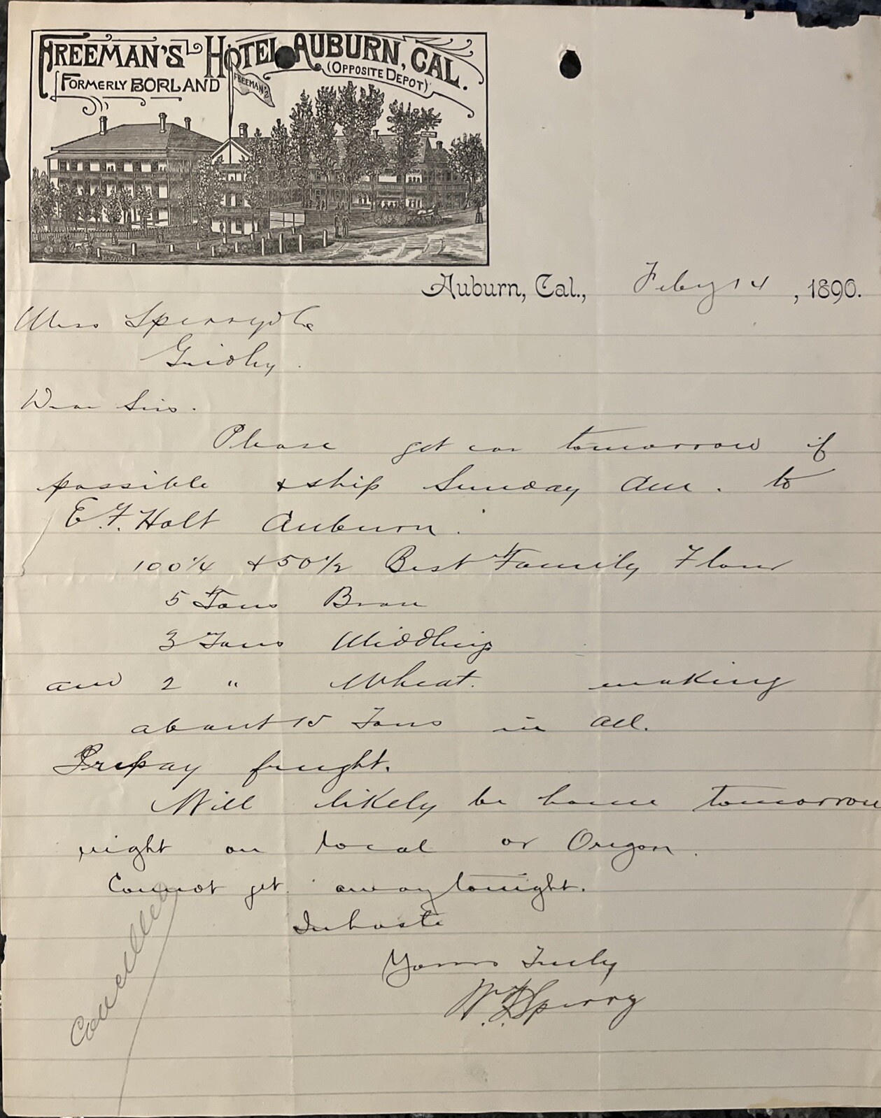 Freeman’s Hotel Pictorial Letterhead,  Auburn, California- 1890