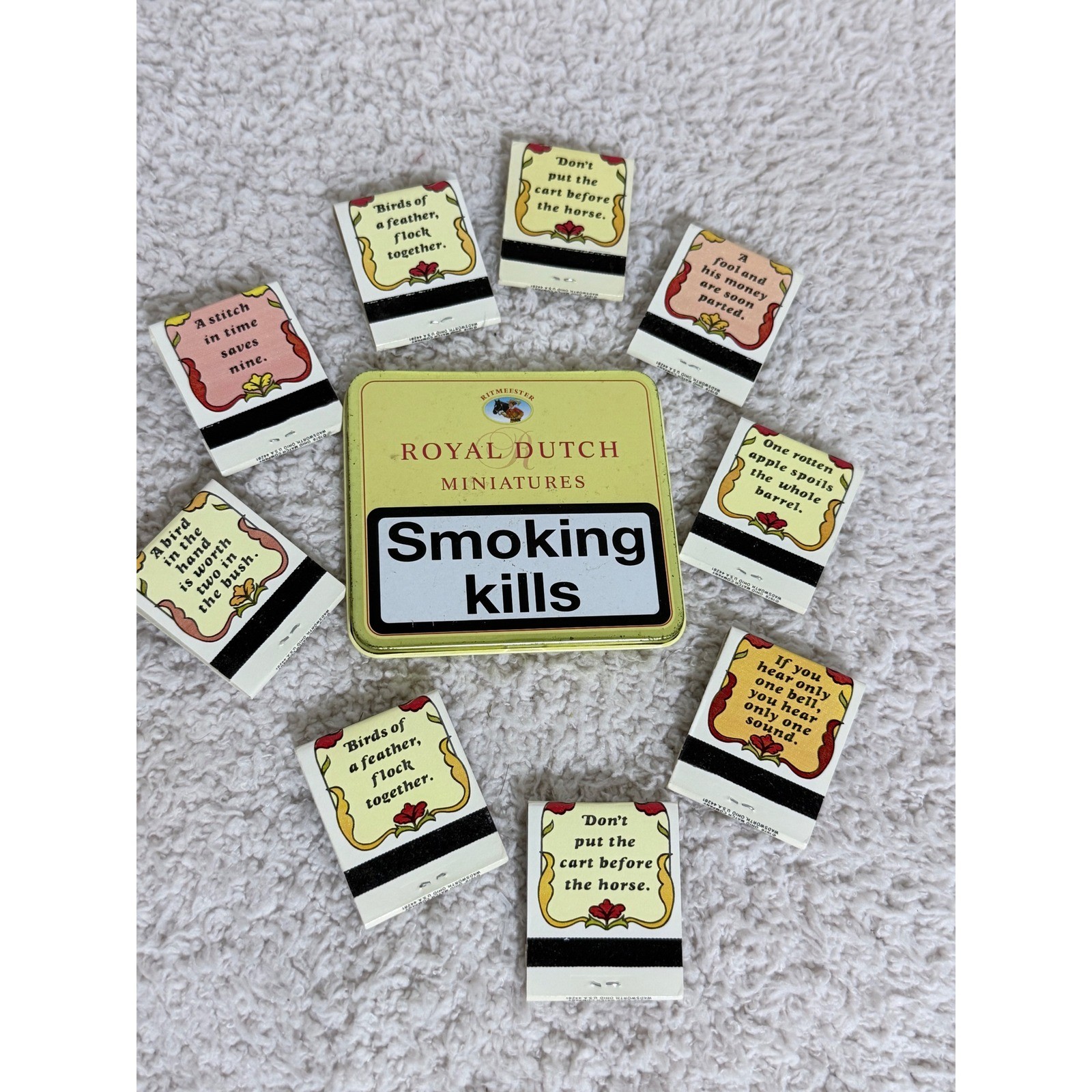 Vintage 1978 Ohio Match Company Proverb Matchbooks & Royal Dutch Miniatures Tin