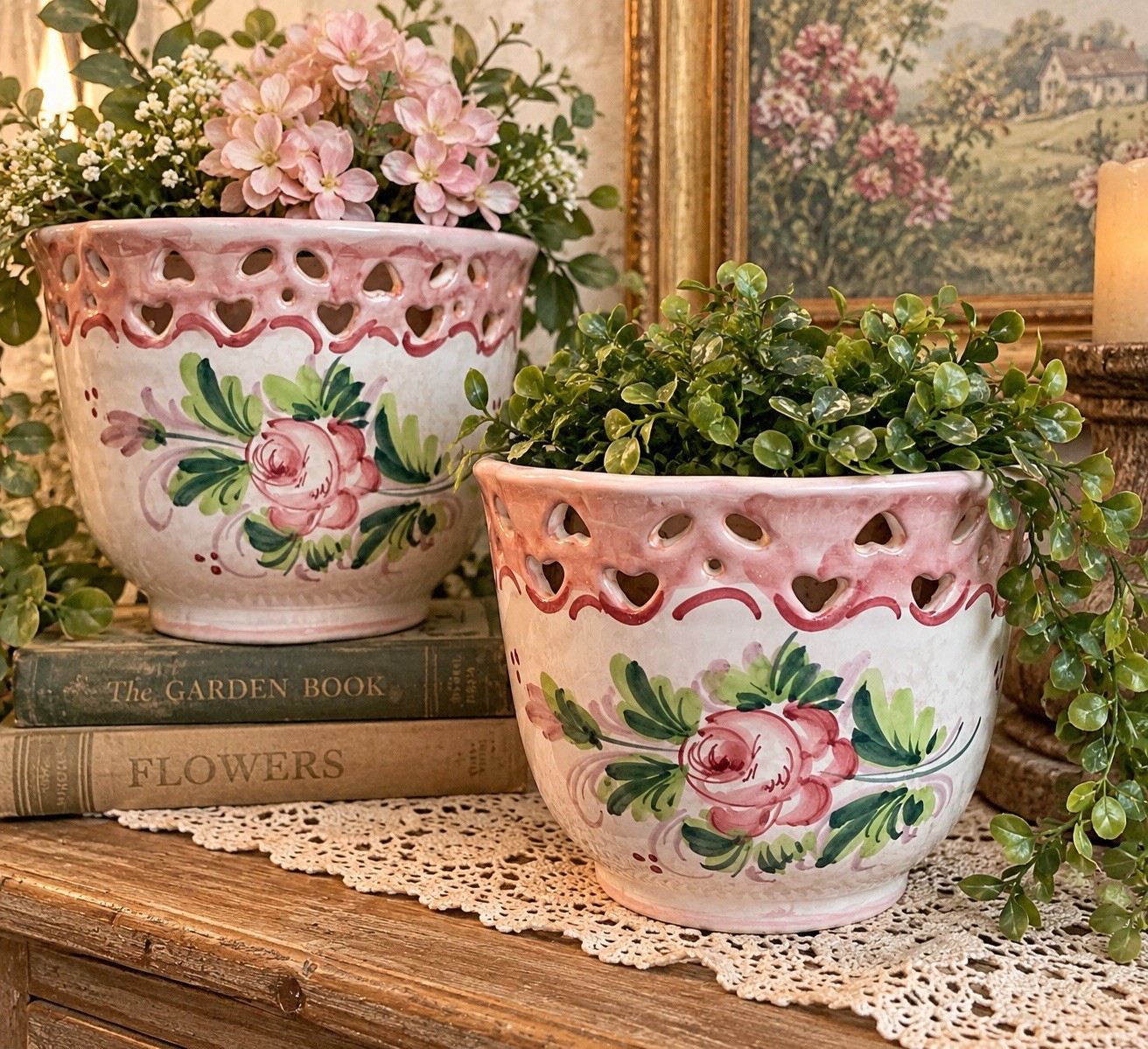 Vintage Italian Pottery Planters Pair Hand Painted Pink Roses Pierced Hearts