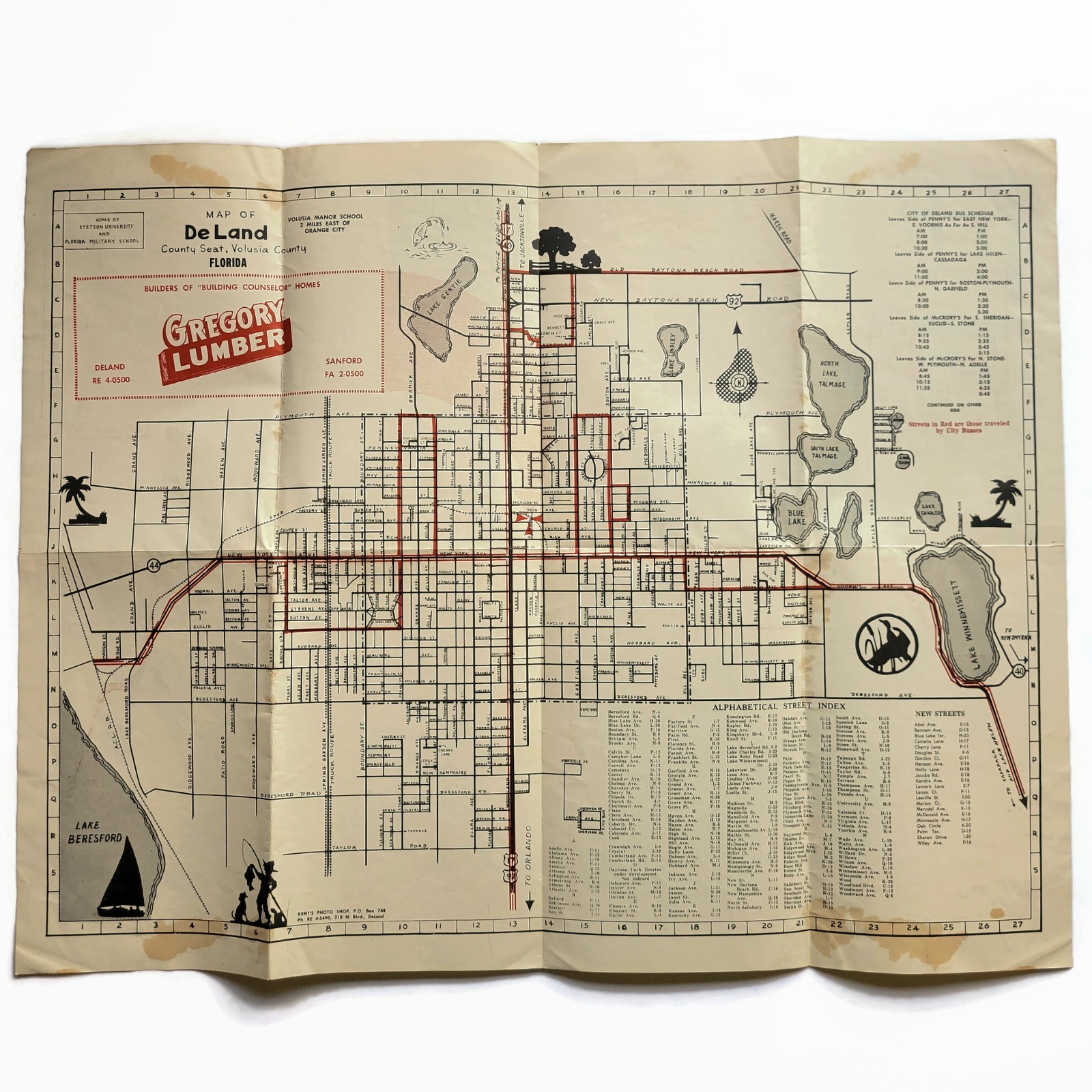 Vintage 1950s DeLand Volusia County Florida Map Fresh Water Fishing Spots Mailer