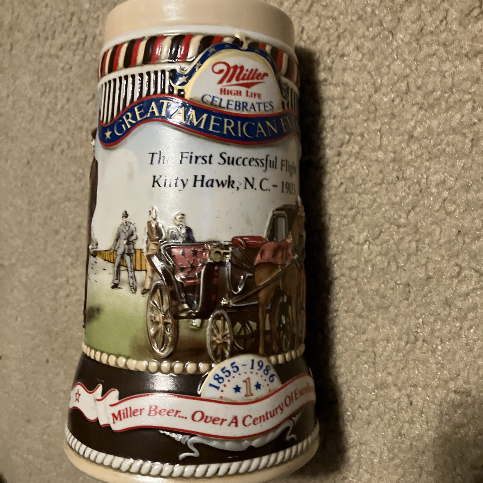 MILLER HIGH LIFE GREAT AMERICAN EVENTS 1ST SUCCESSFUL FLIGHT K. HAWK BEER STEIN