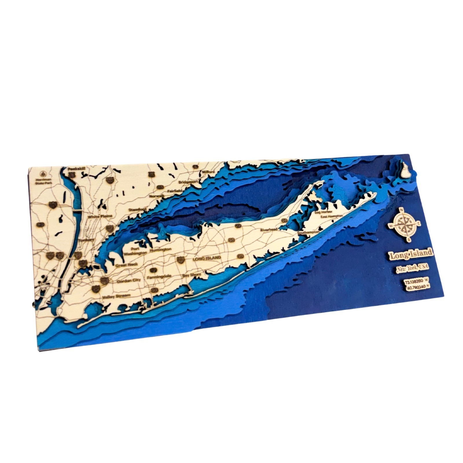 Long Island NY 3D Wooden Map 14x5.5 | Layered Topographic Bathymetry Wall Art