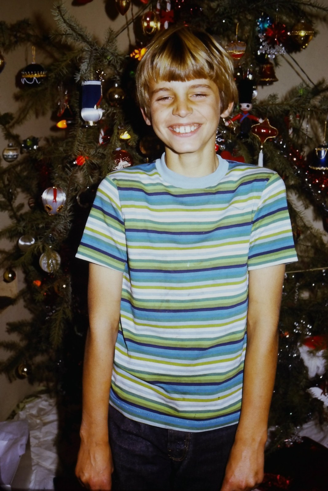 c1970\'s Kodachrome 35mm Slide, Boy Christmas Tree Holiday Portrait Kodak blue