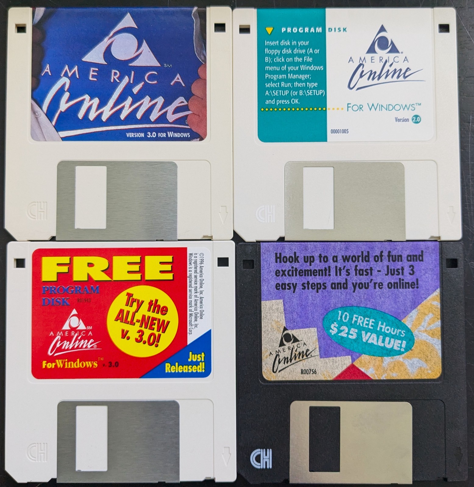 Collection of 4 America Online Disks, Vintage AOL 3.5