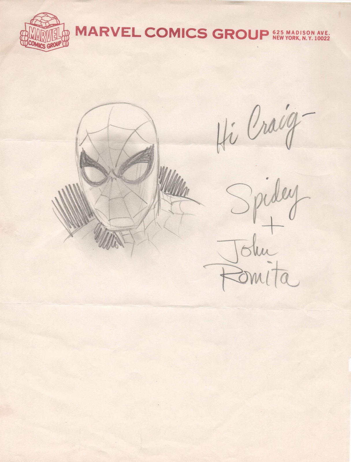 JOHN ROMITA SR SPIDER-MAN ORIGINAL COMIC ART VINTAGE MARVEL LETTERHEAD