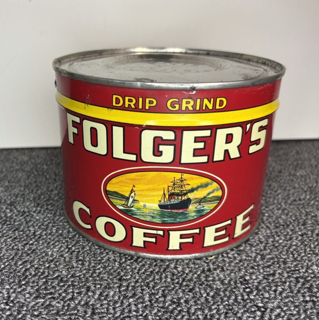 Vintage 1931 SEALED Folger’s Coffee Tin 1 lb Drip Grind Golden Gate Brand W/ Key